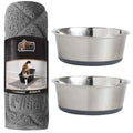 Gorilla Grip Thick Cat Litter Trapping Mat and Stainless Steel Dog Bowls Set of 2, Cat Mat is 47x35 Inch, Stainless Steel Dog Bowls Hold 2 Cups, Both in Gray Color, 2 Item Bundle