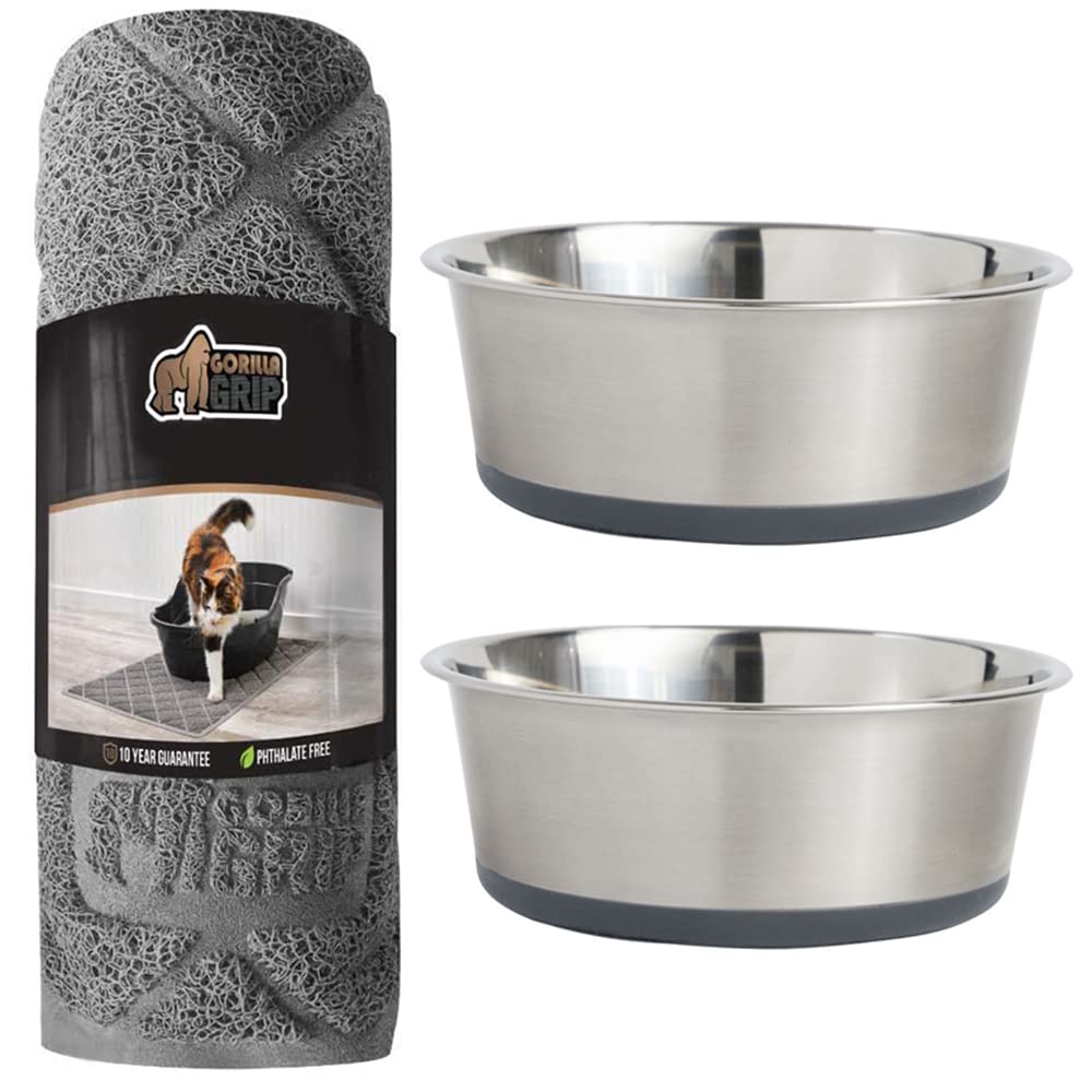Gorilla Grip Thick Cat Litter Trapping Mat and Stainless Steel Dog Bowls Set of 2, Cat Mat is 47x35 Inch, Stainless Steel Dog Bowls Hold 2 Cups, Both in Gray Color, 2 Item Bundle