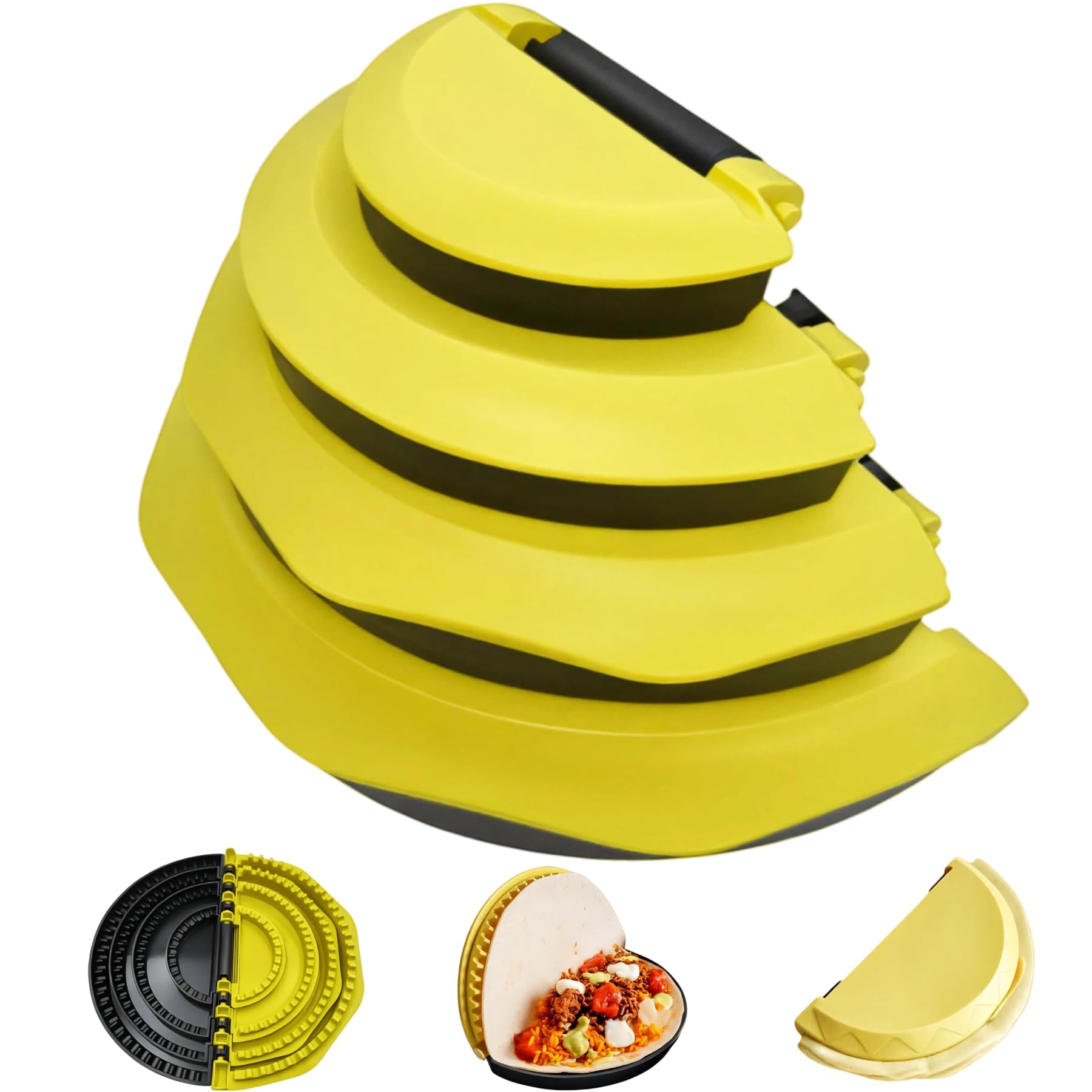 4-in-1 Nesting Tortilla Sealer & Crimper | 4/6/8/10-inch Sizes for Tortilla Wraps, Quesadillas, Burritos, Tacos, Dumplings & More | BPA-Free, Seal, Easy to Store, Dishwasher Safe, Yellow & Black
