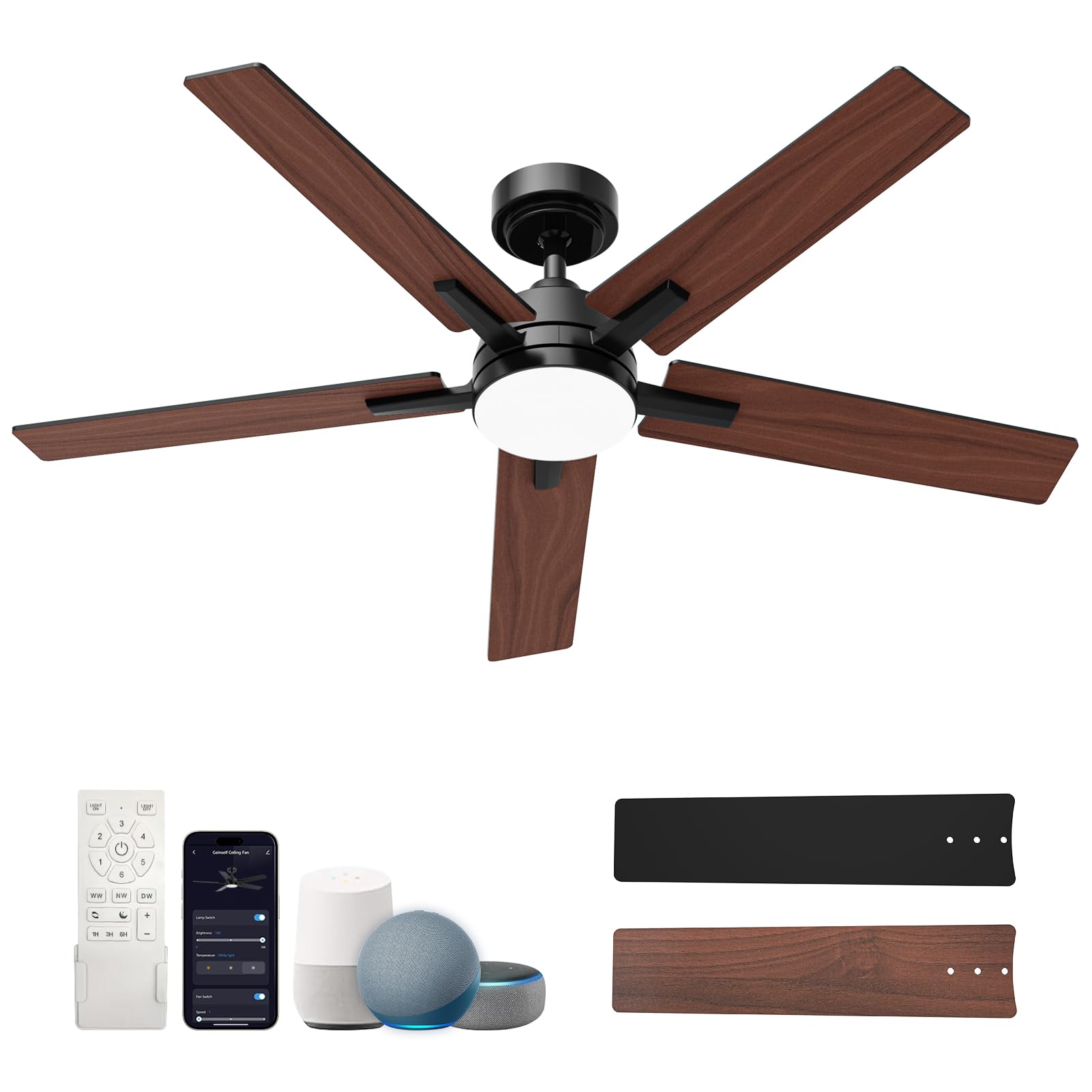 52 Inch Smart Ceiling Fans with Lights, Compatible with Alexa/Remote/APP, Downrod Mount, Reversible DC Motor, High CFM, 5 Blades, 6 Speeds, 3CCT, Dimmable, for Bedroom, Living Room, Black