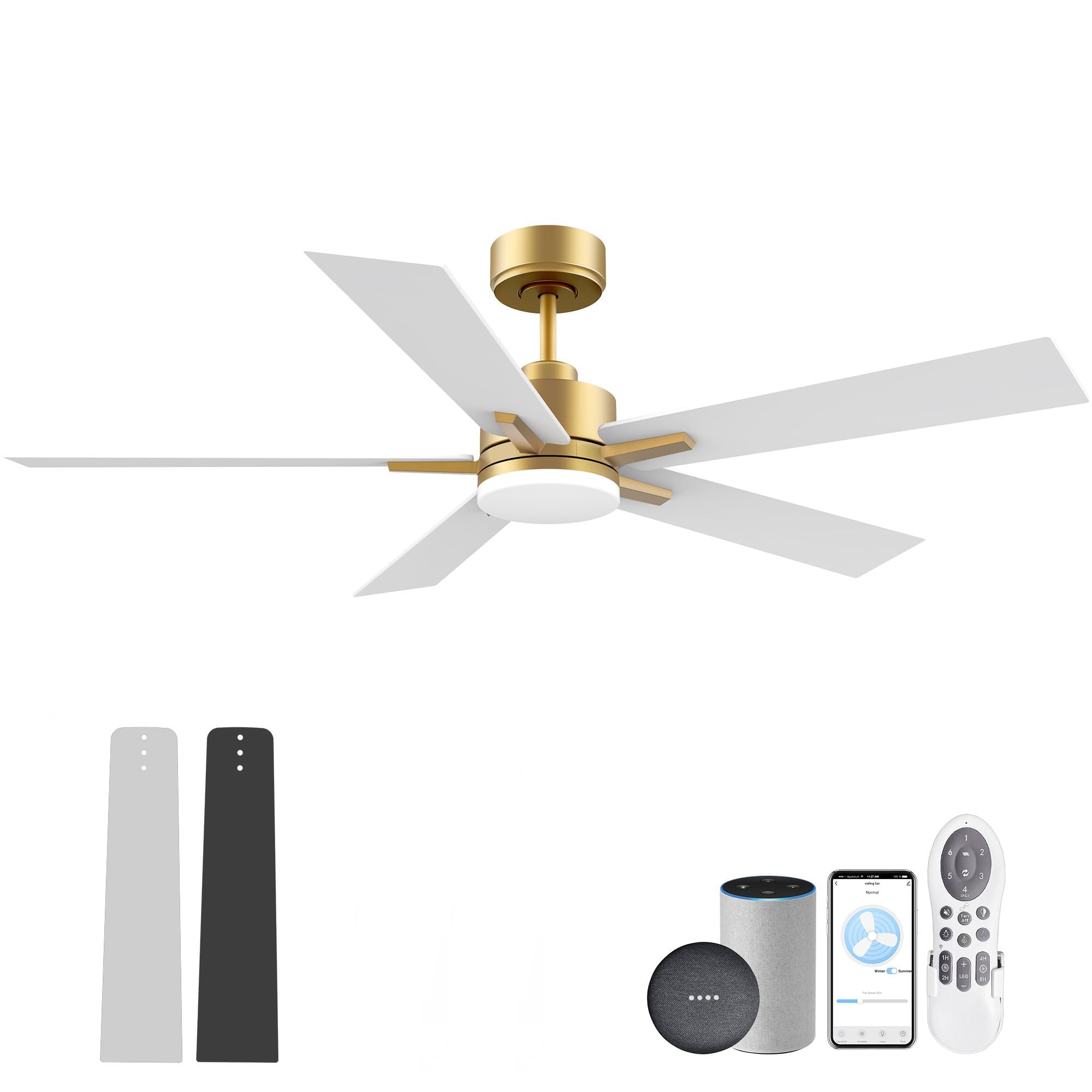 Lorpies 52” Smart Ceiling Fan with LED Lights Remote,Quiet DC Motor,Voice Control via Alexa Google WIFI Phone,Outdoor Indoor Modern Ceiling Fans,Dimmable,for Bedroom Patio Porch,Gold and White Black