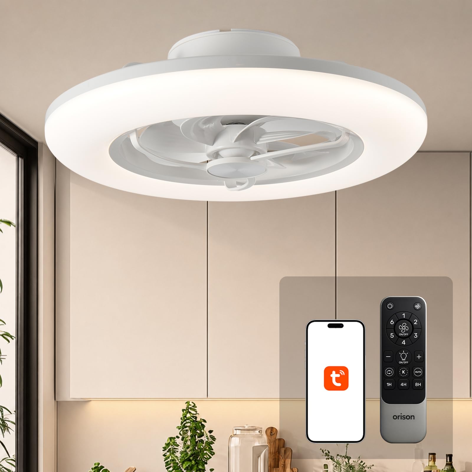 Orison Ceiling Fans with Lights- Low Profile Ceiling Fan with Light 22.4“ LED Dimmable Ceiling Fans with Remote Control,Smart 3 Light Color and 6 speeds 7 Blades