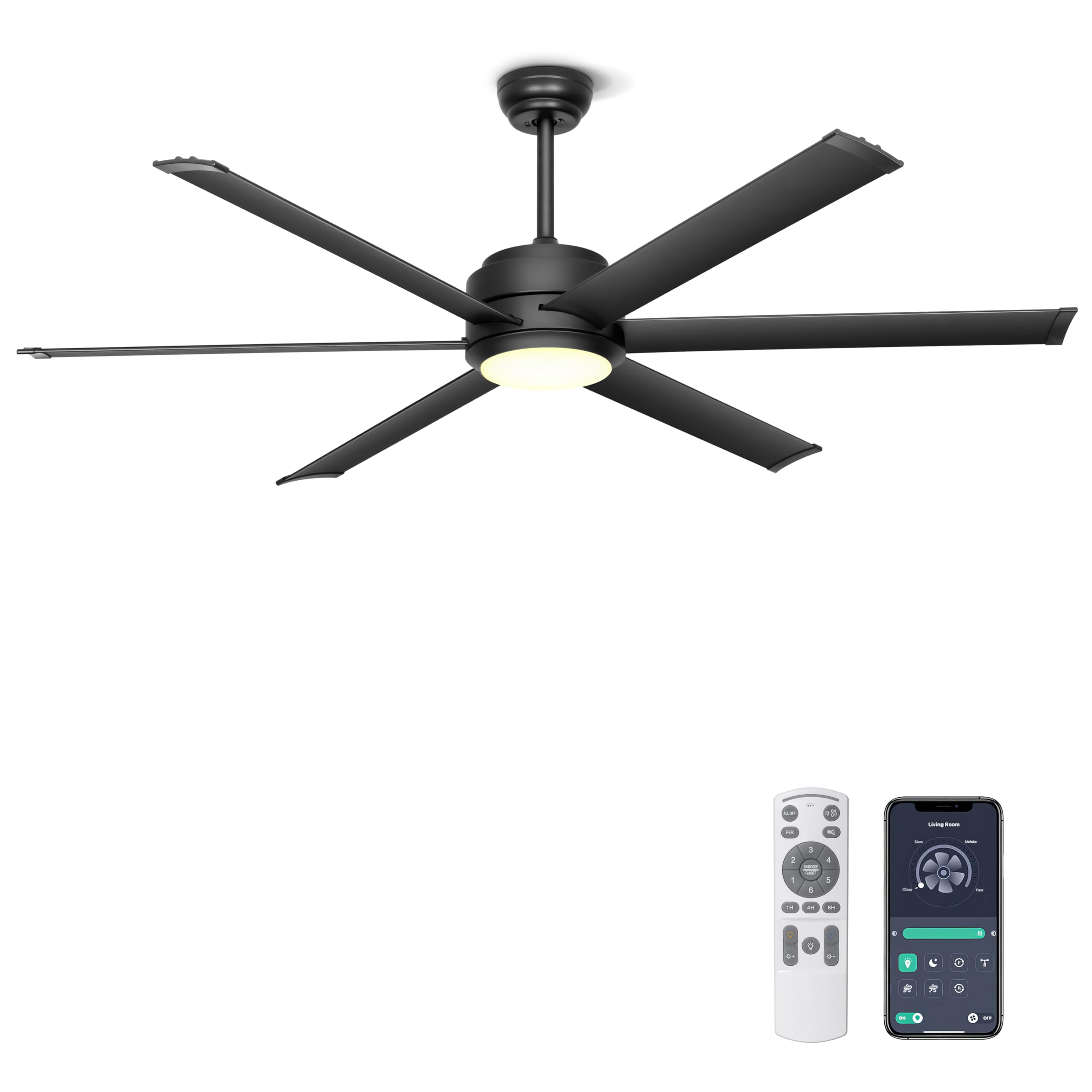 Ohniyou 60" Industrial Ceiling Fan with Lights - Remote & APP Control, Dimmable, DC Motor, Outdoor Fan with Aluminum Blades for Patio Living Room, Black