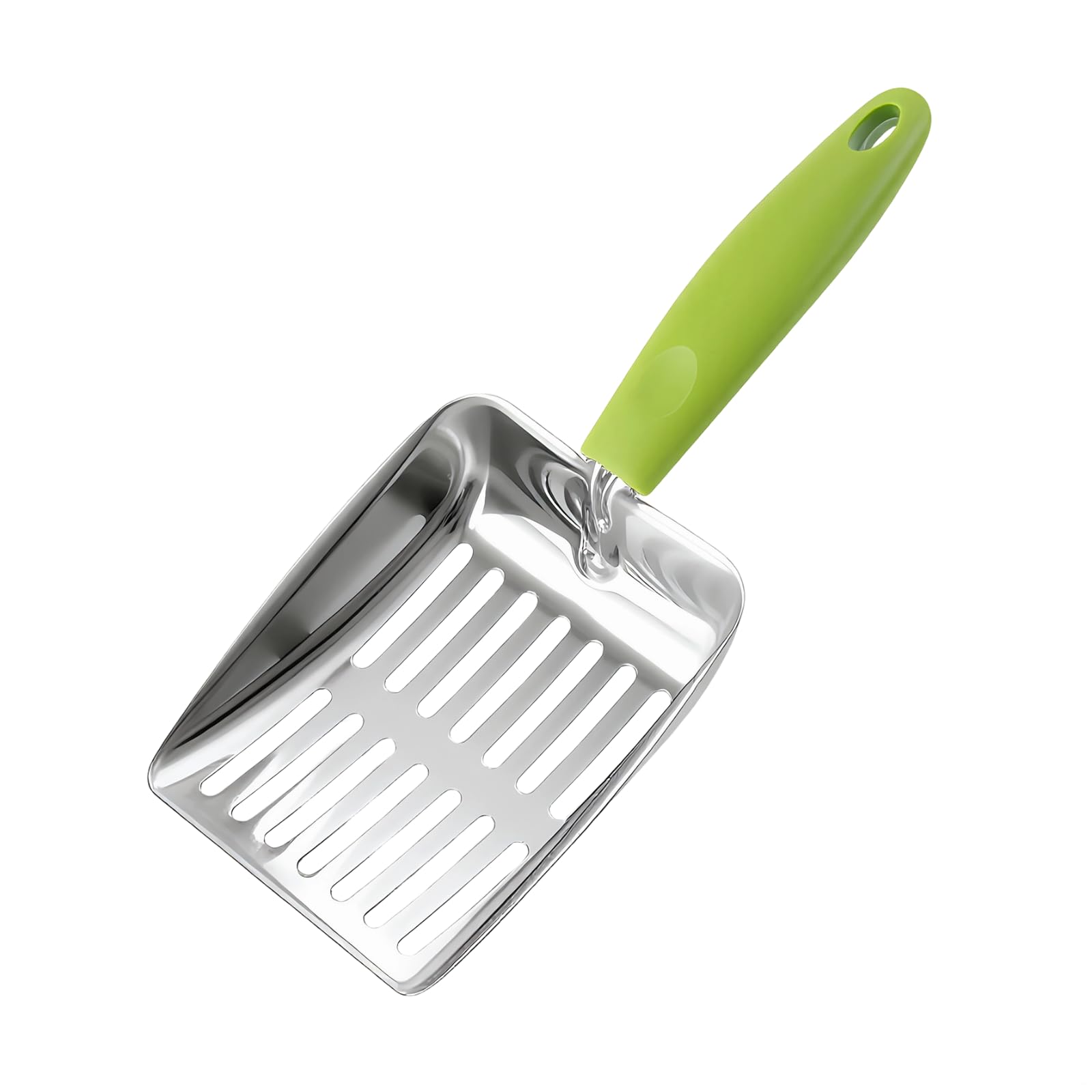 Cat Litter Shovel, Green, 430 Stainless Steel Metal Scooper with 5 Mm Fine Holes, 10.2 X 5.2 X 1.2 in, Non-Slip Pp Handle for Easy Cleaning & Storage