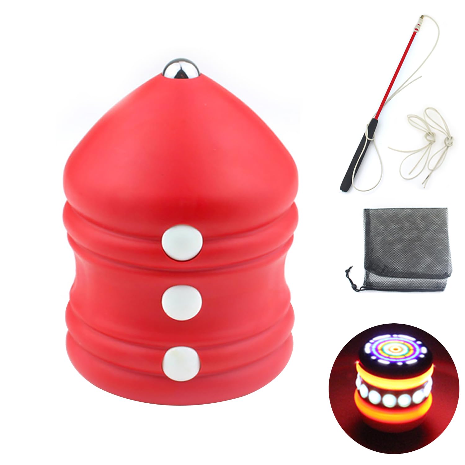 Chinese Whipping Spinning Tops Chinese Gyro Toy Chinese Top Toys with LED Lights -Sturdy Steel Point for Enhanced Stability – Exquisite Craftsmanship – Ideal for Beginners and Intermediates (Red)