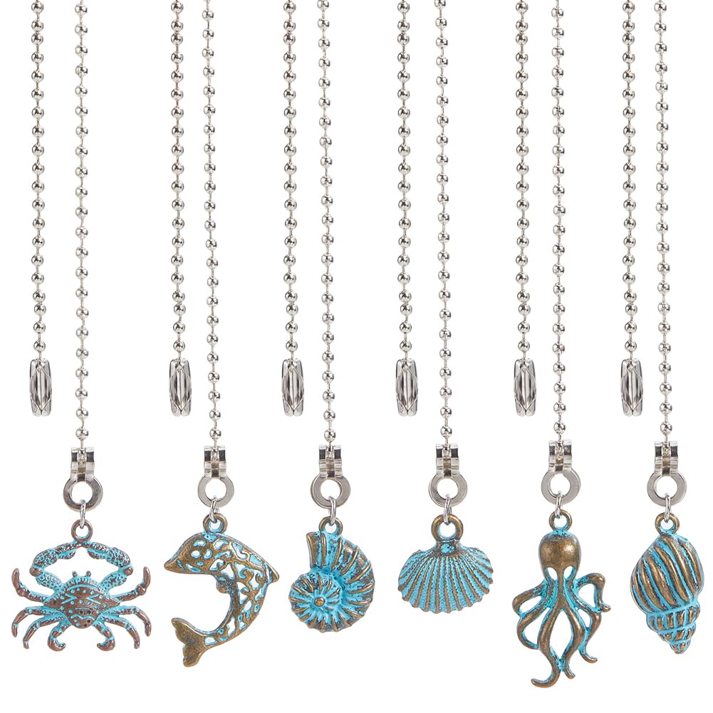 CRASPIRE 12Pcs Seashell Ocean Marine Animal Ceiling Fan Pull Chain | Alloy Dolphin Crab Octopus, Vintage Green Patina, Hanging Pendant Charm, Ball Chain Dangler Extension