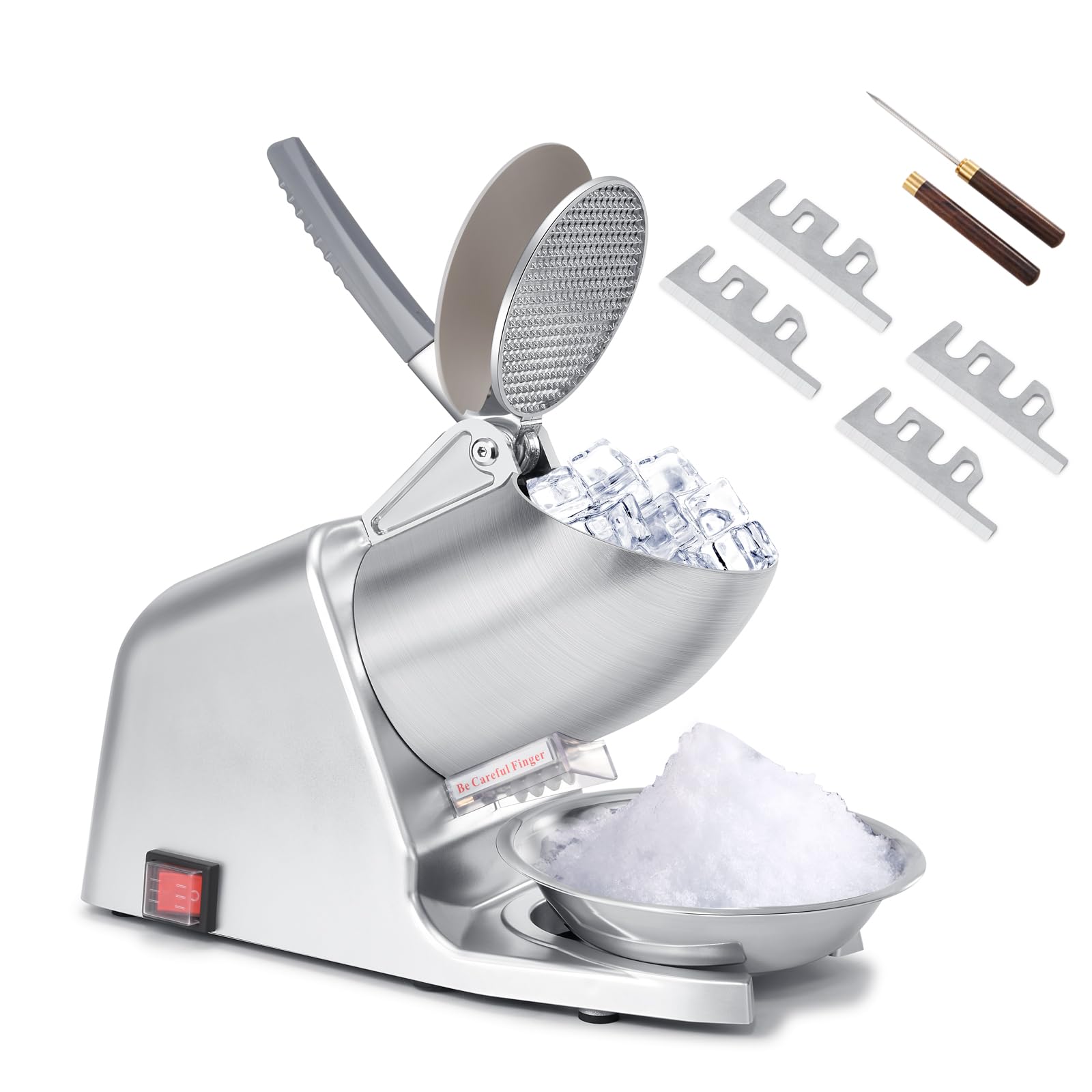 Electric Ice Shaver Machine, 4-Blade & 210 lbs/hr, 300W Ice Crusher for Home Use and Commercial | Shaved Ice Machine, Ice Grinder, Ice Pick & Extra Blades, ETL-Listed, Silver