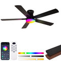 52 Inch Black Ceiling Fans with Lights, RGB Ceiling Fan with Remote and App,Flush Mount Low Profile, Dimmable 35W LED, Reversible, Smart Ceiling Fan for Bedroom Nursery Living Room Apartment
