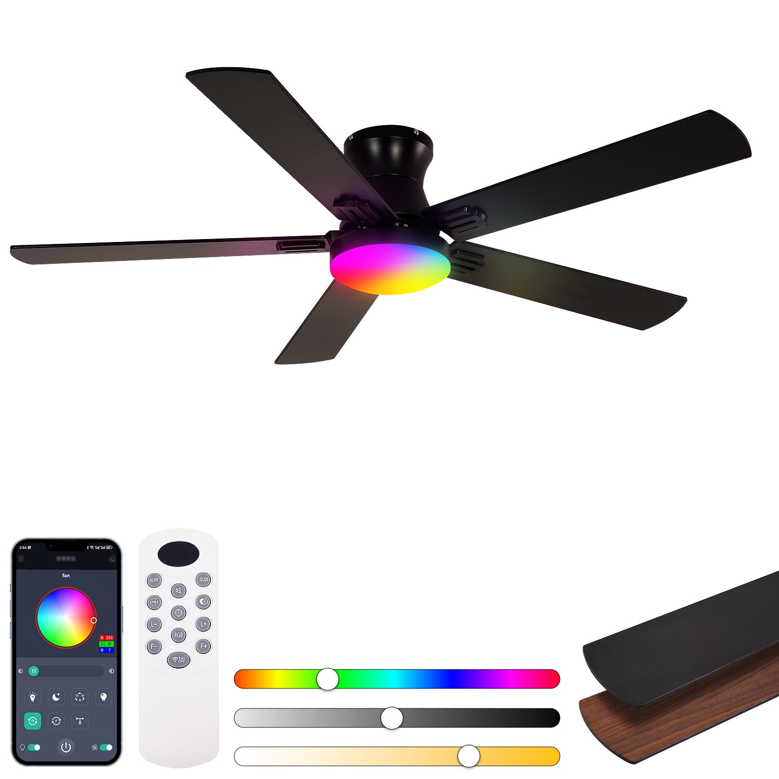 52 Inch Black Ceiling Fans with Lights, RGB Ceiling Fan with Remote and App,Flush Mount Low Profile, Dimmable 35W LED, Reversible, Smart Ceiling Fan for Bedroom Nursery Living Room Apartment