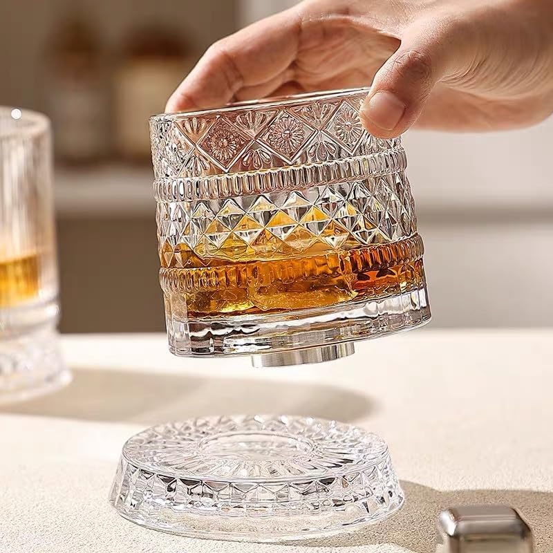 360° Rotating Whiskey Glass Spinning Crystal Bourbon Tumbler Old Fashioned Scotch Glasses Gift (No LED,Style 4)
