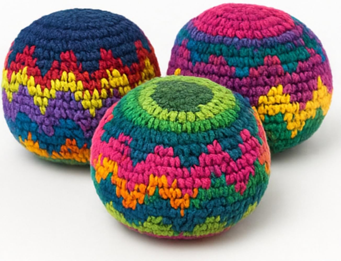 Funny Guy Mugs Footbag Set (3 Pack) – Handmade in Guatemala Crochet Hacky Kick Sack Balls – Footbag Juggling Balls for Outdoor Play, Party Games & Coordination Training