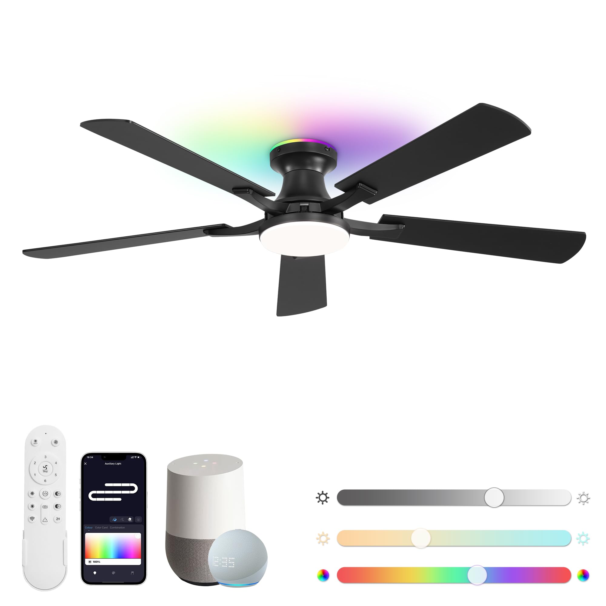 ZMISHIBO 52 Inch Smart Ceiling Fans with RGB Lights, Low Profile Flush Mount Ceiling Fan with Alexa/App/Remote Control, Dimmable 20W LED Light, Black Modern Fan for Living Room, Bedroom, Game Room