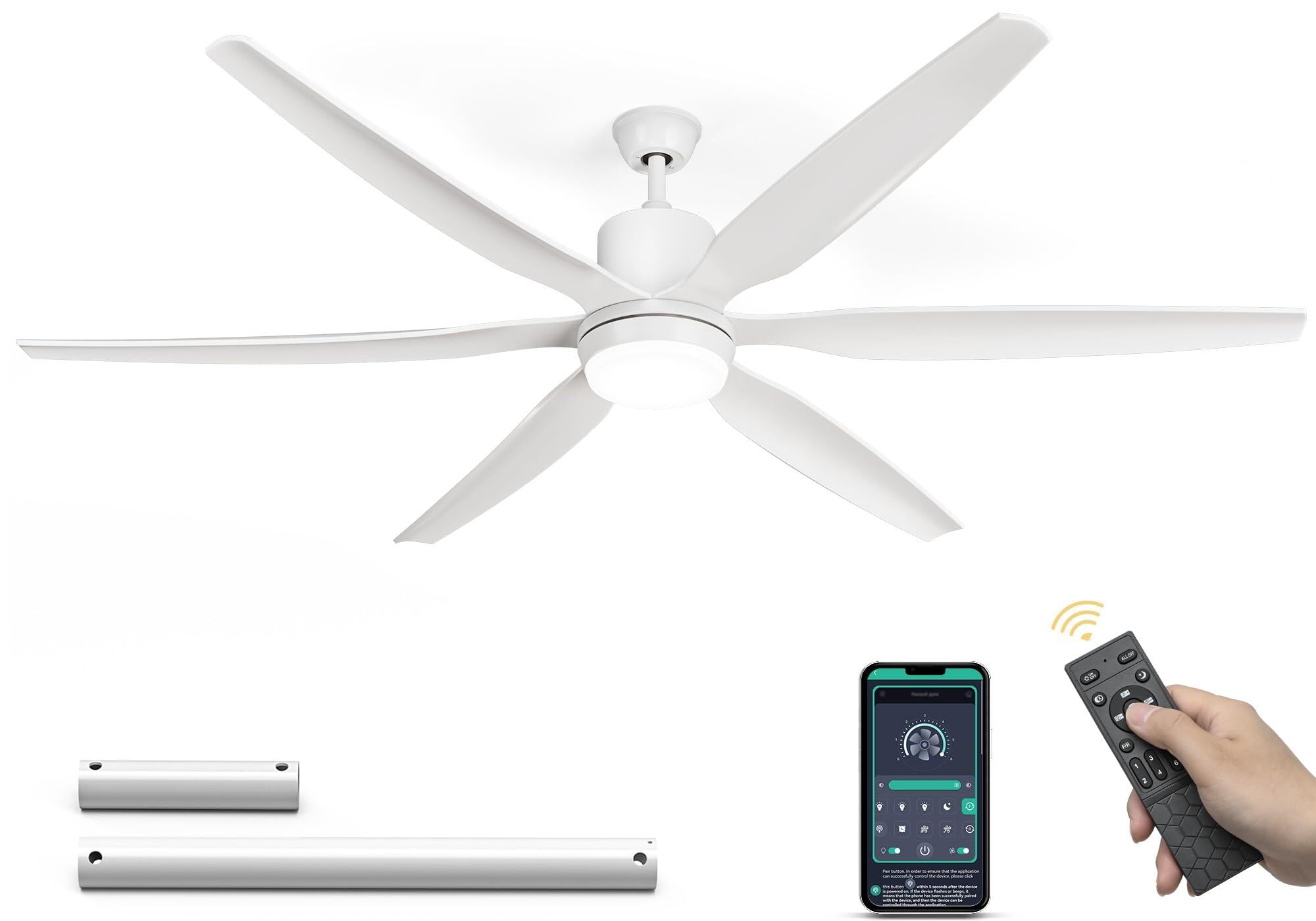 DWVO 65 inch Ceiling Fan with Lights, Smart Ceiling Fan with App/Remote Control, 3CCT Lighting, 6-Speed, Reversible Quiet DC Motor, for Living Room, Dining Room, Bedroom - White