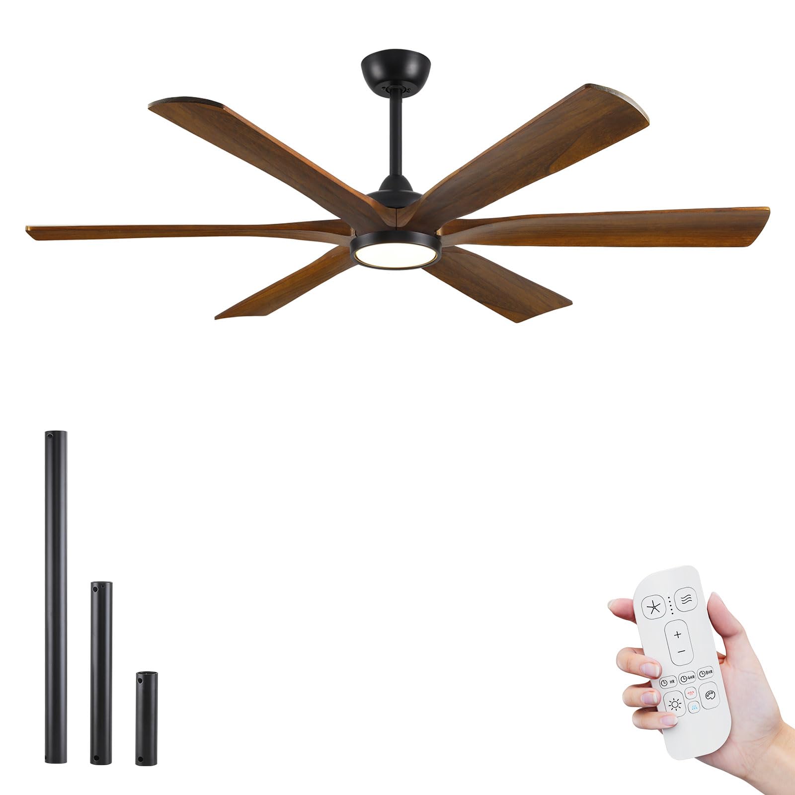60 Inch Ceiling Fan with Light and Remote, Rustic Farmhouse Style, 6 Brown Solid Wood Blades, ETL Listed Quiet DC Motor, High 8268 CFM, for Indoor Living Room, Damp Rated for Covered Outdoor Patio