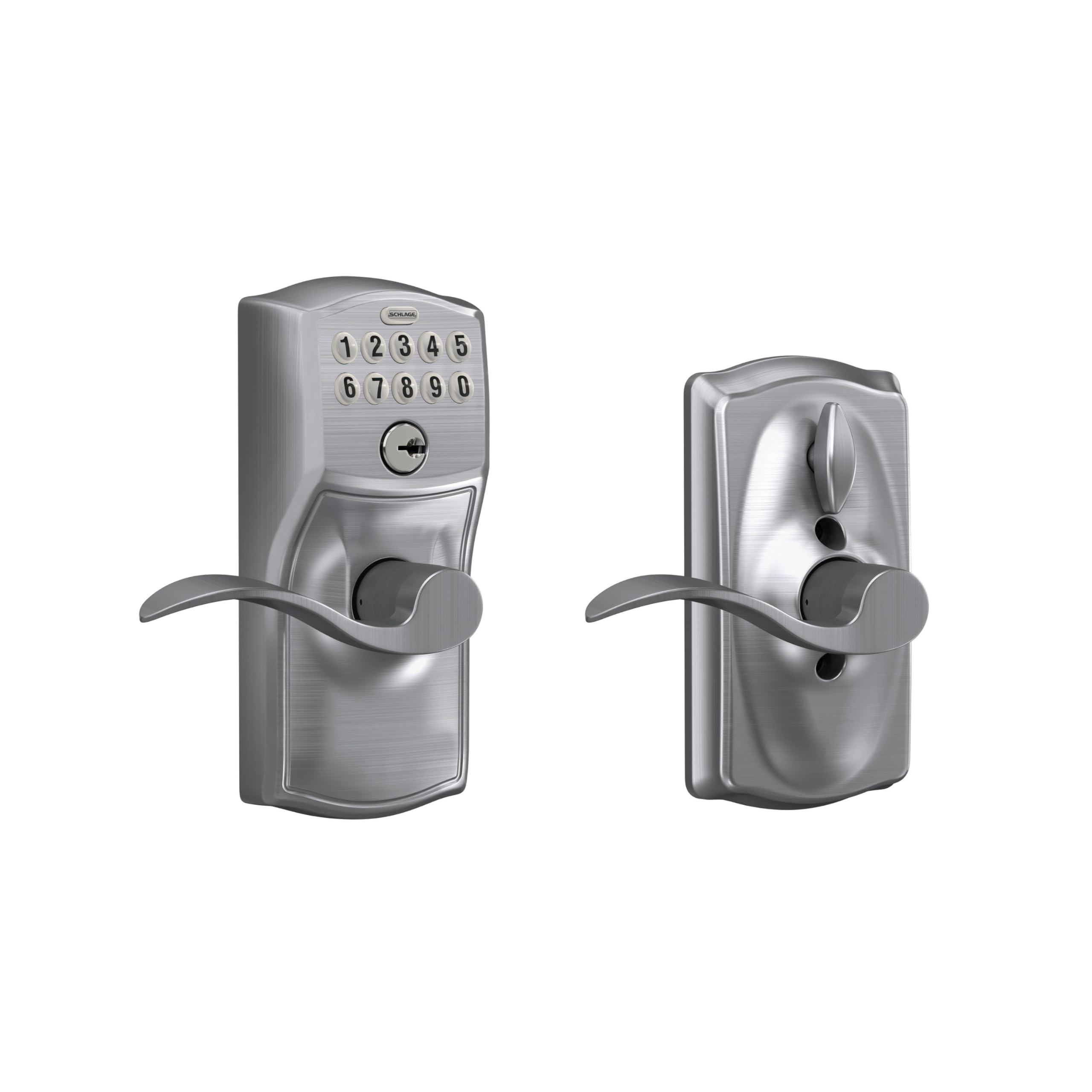 Schlage Camelot Keypad Lock with Lever Handle, Electronic Keyless Door Entry, Flex Lock Auto?Lock Option, Satin Chrome, FE595 CAM 626 ACC