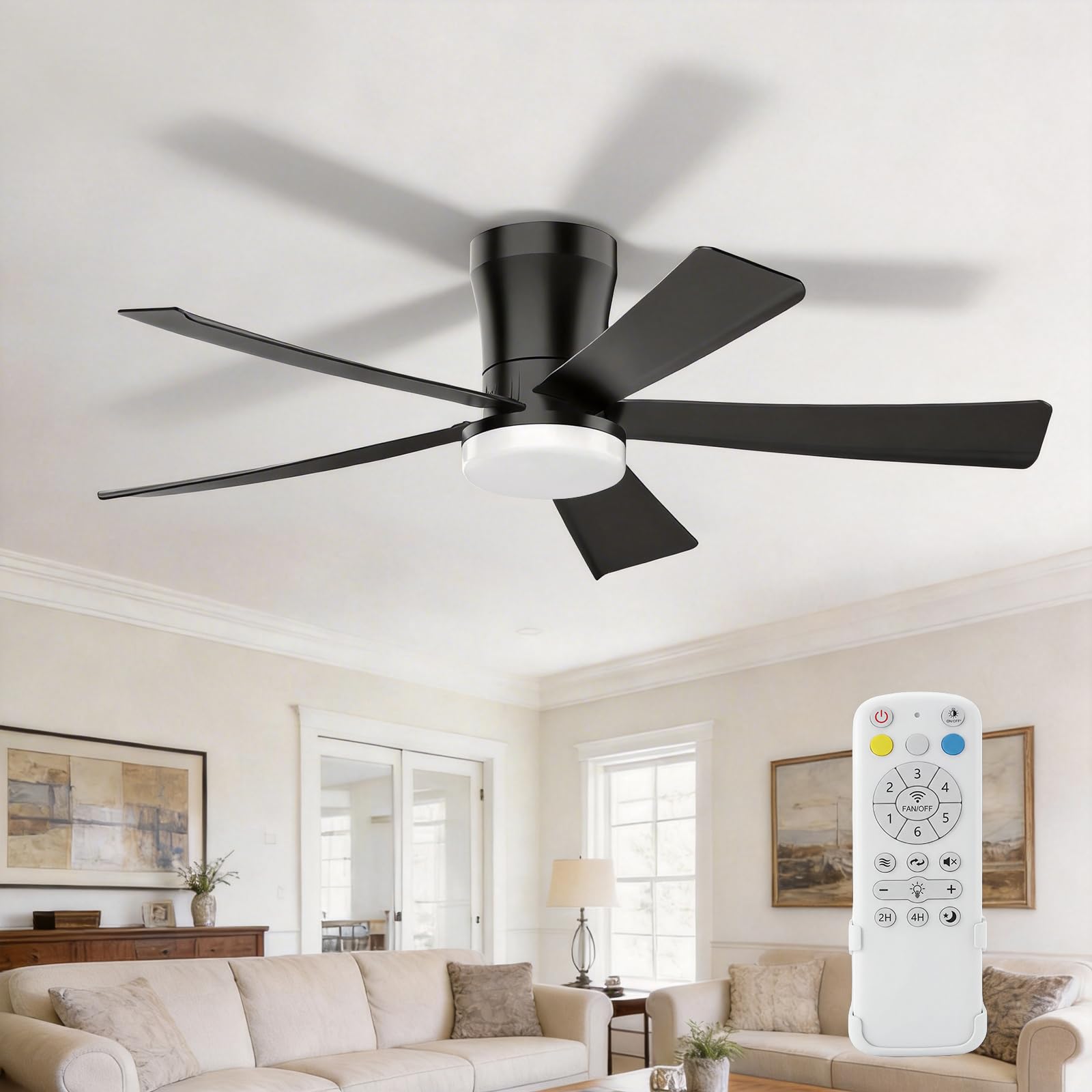 42 Inch Ceiling Fan with Light and Remote Control, Low Profile Flush Mount Ceiling Fan, Quiet Reversible DC Motor, 3CCT Dimmable, Black Ceiling Fan for Bedroom Indoor Outdoor