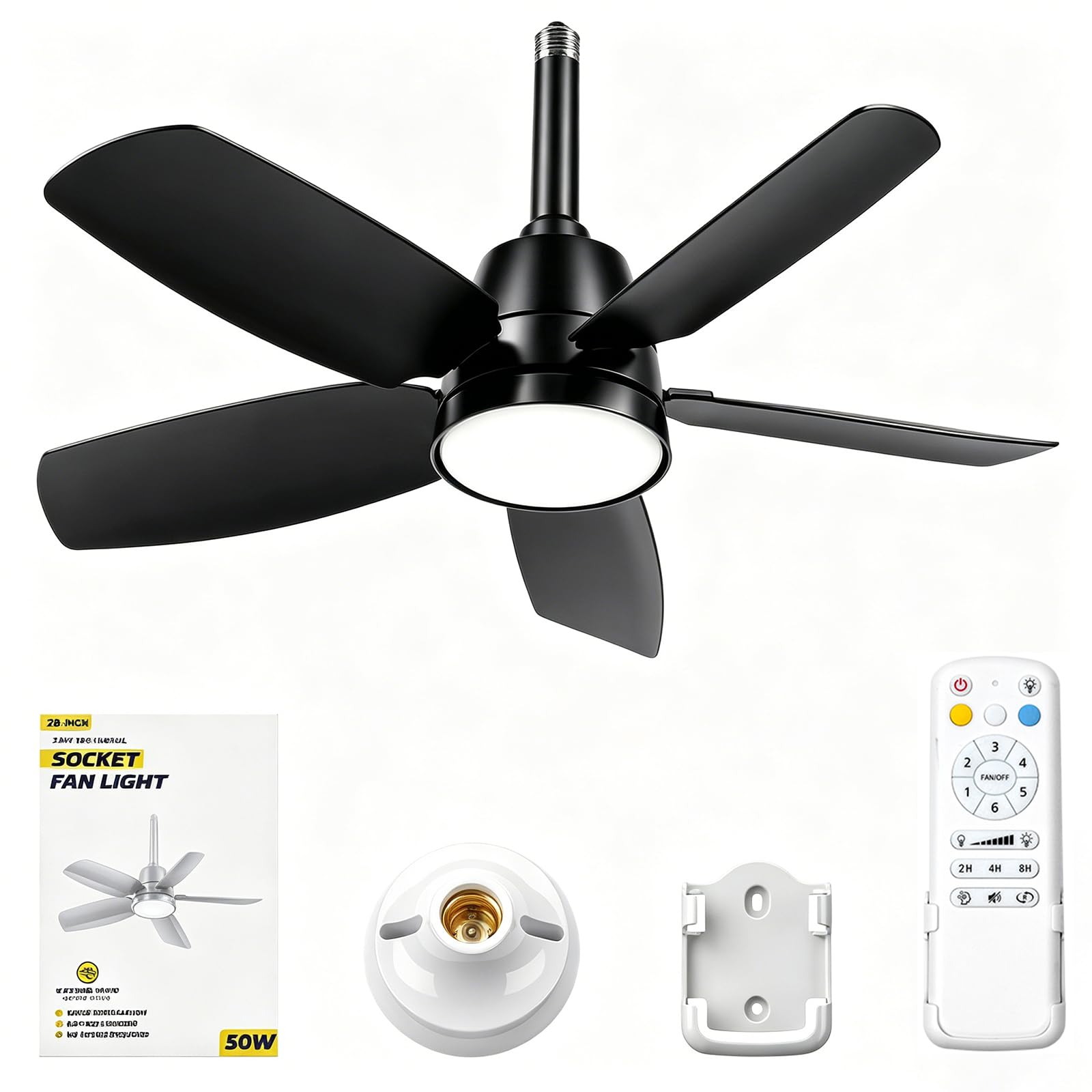 NWOP 28 Inch Socket Fan Light with Remote, 6 Speeds & 3 Colors Screw in Ceiling Fan, E26/E27 Light Socket Fan with Reversible Motor, Dimmable 3000K-6500K Socket Fan for Bedroom Kitchen Garage, Black