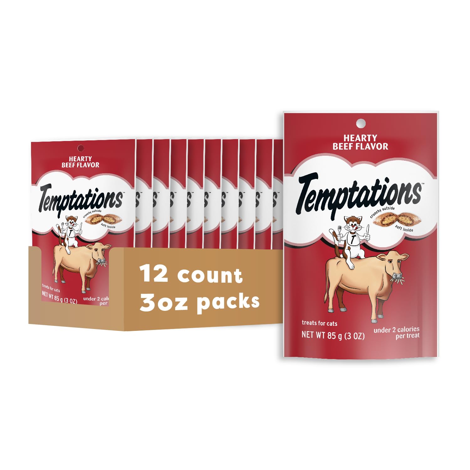 Temptations Classic Soft Cat Treats, Hearty Beef Flavor, Crunchy Cat Treats, 3 oz. Pouch (Pack of 12)