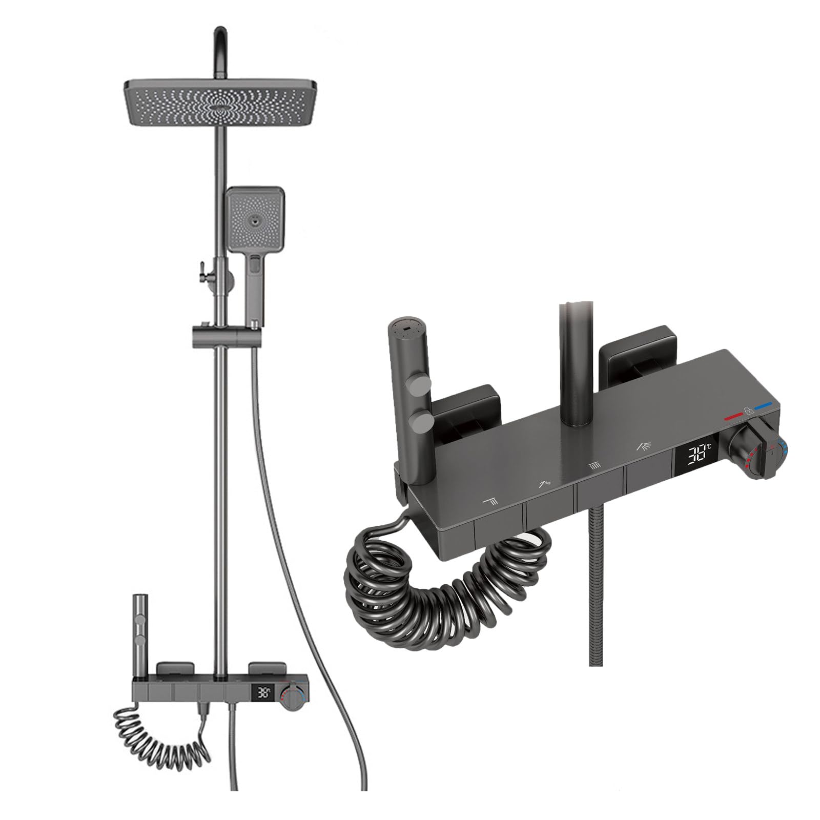 Thermostatic Shower System, Digital Display Bathroom Shower Faucet Set Gray Shower Fixtures 4 Functions Shower Kit with Valve and 4 Modes Shower Head, 2 Modes Bidet Sprayer
