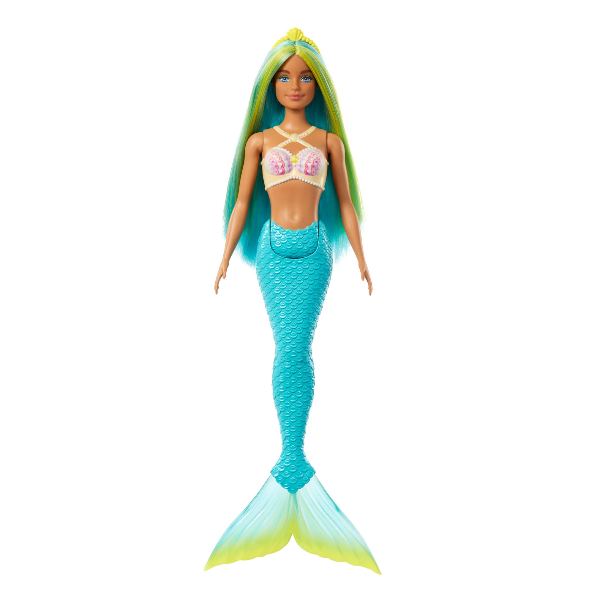 Barbie Mermaid Doll with Two-Tone Blue & Yellow Fantasy Hair & Headband Accessory, Toy with Shell Bodice & Turquoise Tail