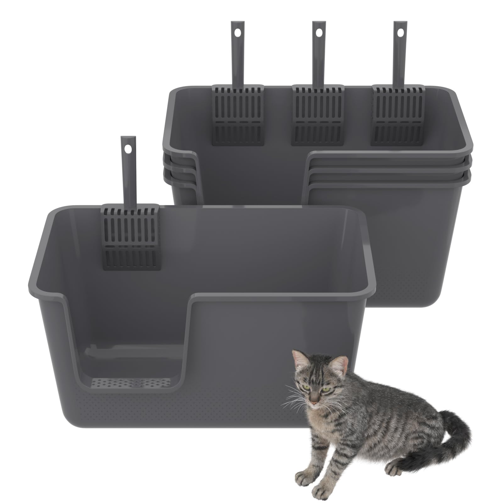 Open Cat Litter Box, Large Standard Litter Box, Kitten Litter Potty Pan for Small & Large Cats, Easy to Clean, Low Entry, 4 Units, Grey