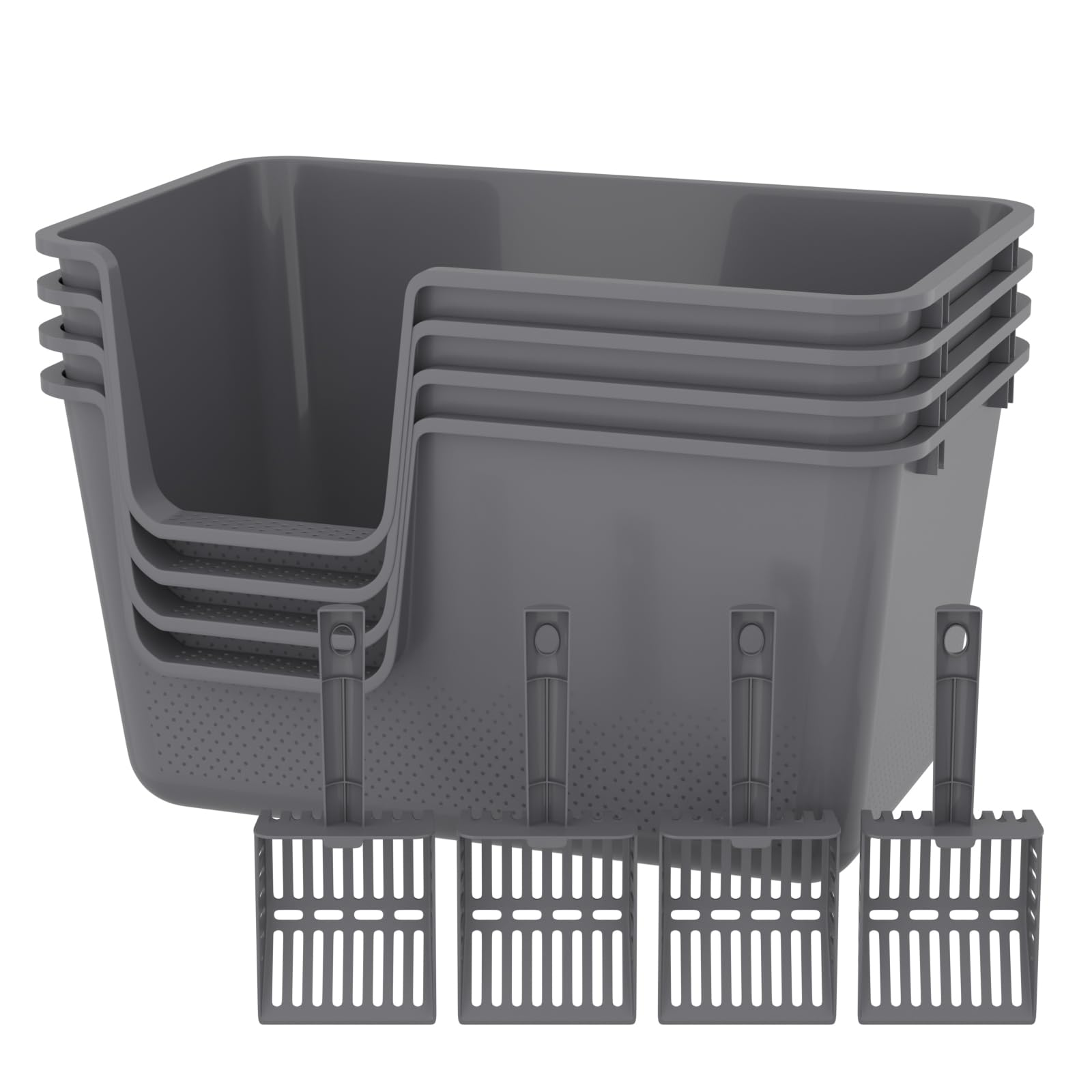4-Pack Cat Litter Box with High Sides and Scoop, Plastic Open Top Cat Litter Box, Gray