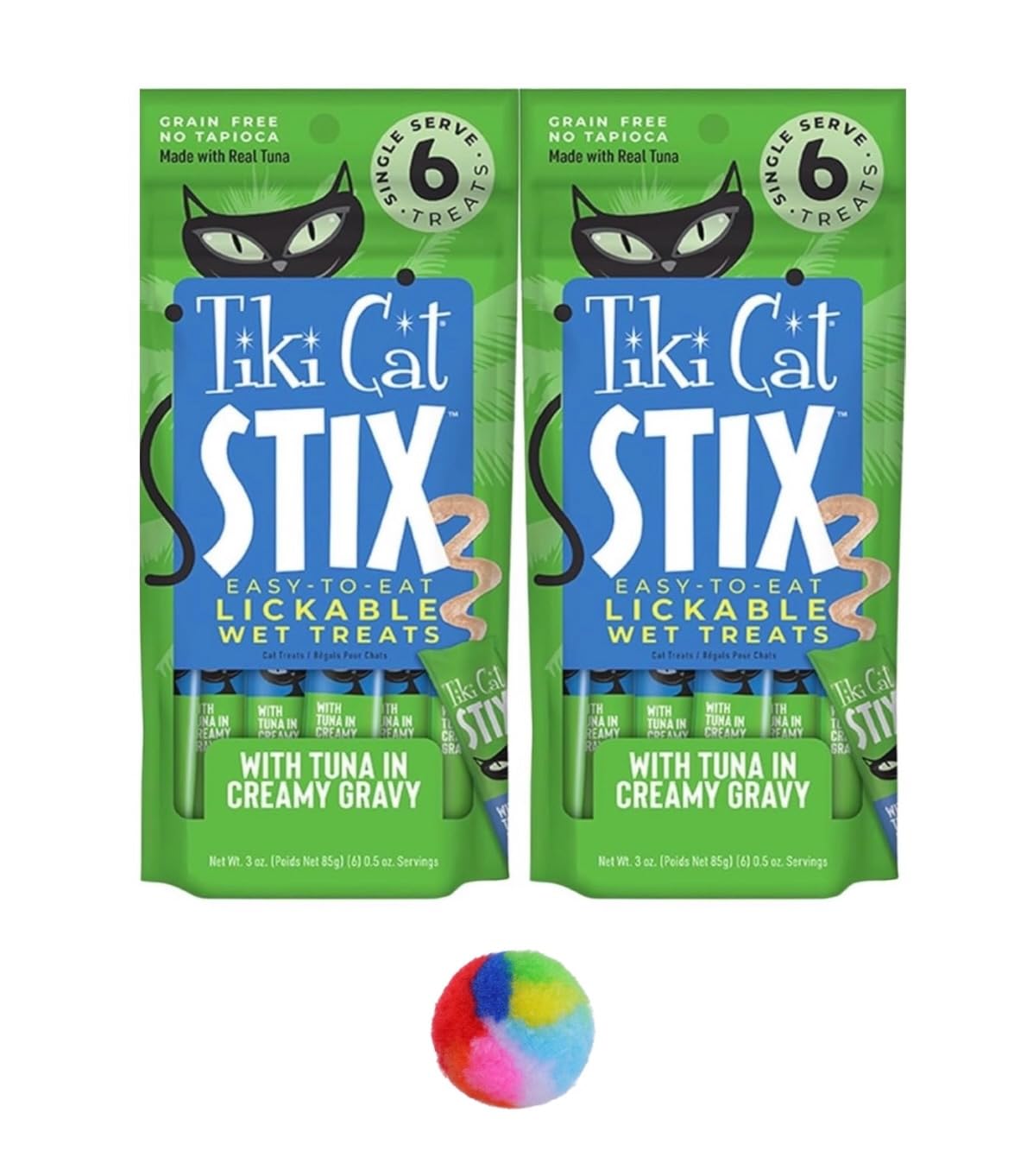 Tiki Cat Stix Wet Treats, Grain Free Lickable Smooth Mousse Blend with Tuna Creamy Gravy 6 Stix in 1 Pouch (Pack of 2), Plus 1 Cat Pom Pom Balls Toy