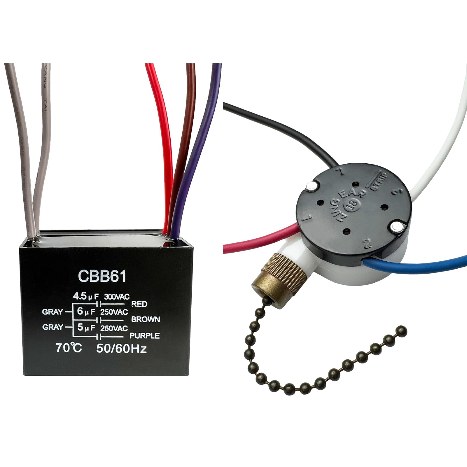 YukiHalu Ceiling Fan Pull Chain Switch 3 Speed 4 Pre-Installed Wires, Ceiling Fan Capacitor CBB61 4.5uf + 6uf + 5uf 5 Wire 250V, Light Switch for Fan and Light (Antique, 4.5+6+5uF)