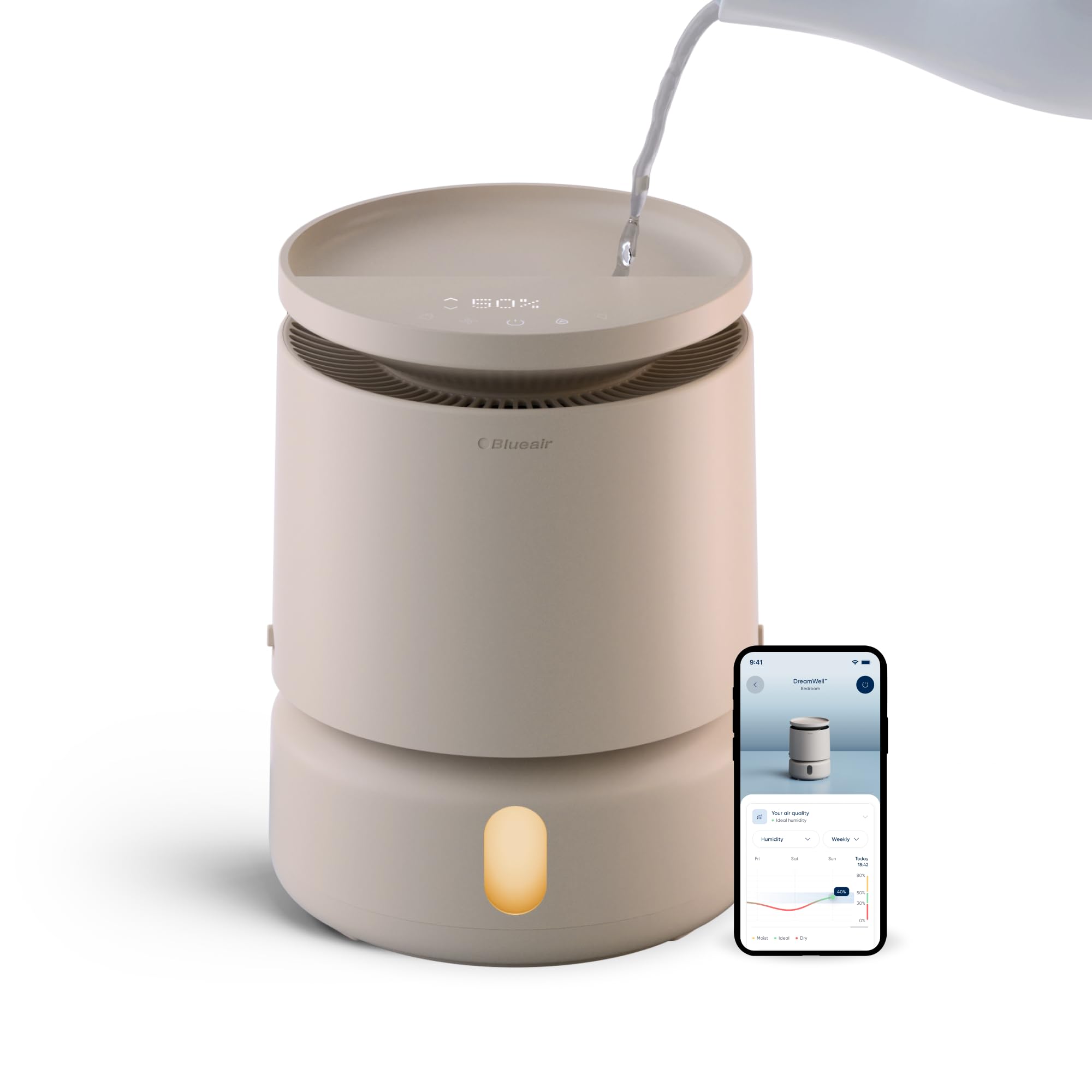 BLUEAIR Room Humidifier - DreamWell - 48Hr Top-Fill Mist-Free InvisibleMist Technology Aroma Stone for Essential Oils and Soothing Mood Lighting - Quiet Operation for Bedroom and Home Use, Beige
