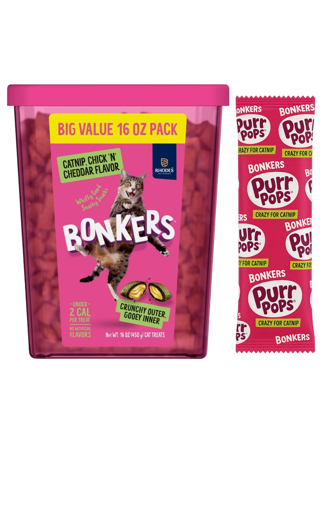Bonkers Cat Treats, Catnip & Chicken Cheddar Flavor, Crunchy & Gooey, 16 oz Value Pack with Free Catnip Purrpop Sample
