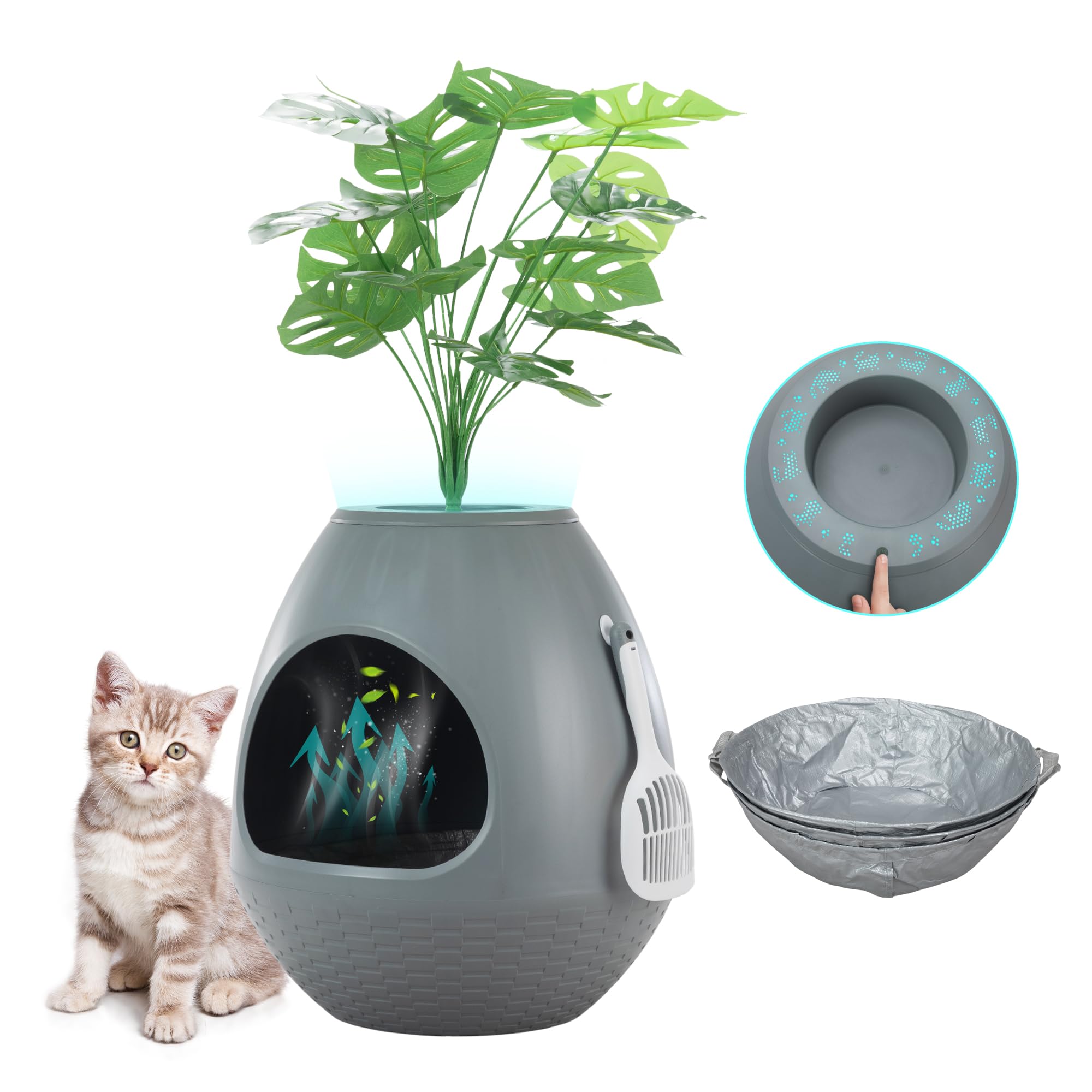 Egglao6 Plant Litter Box Furniture with 3PCS Cat Litter Box Liners Secret Kitty Enclosure with Odor Removal System, Decorative Top and Cat Litter Scoop, Quick Assembly, Extra Large (Grey)