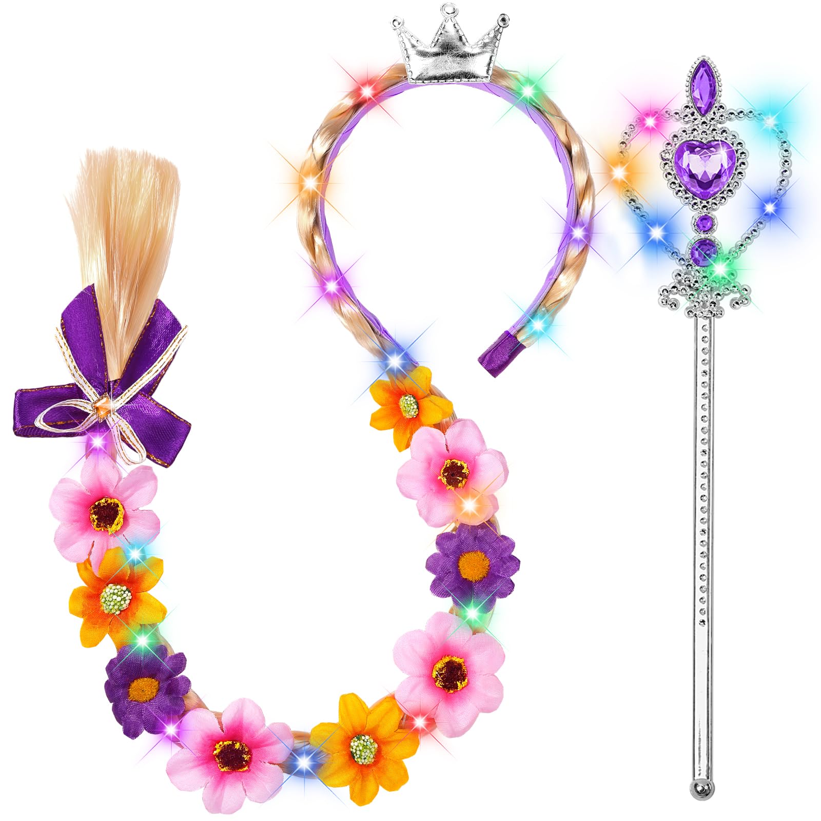 DUDUCOFU Princess Accessories with LED Lights for Little Girls, Glowing Braided Wig with Tiara Wand Toys for Girls Gift 3 4 5 6 7 8