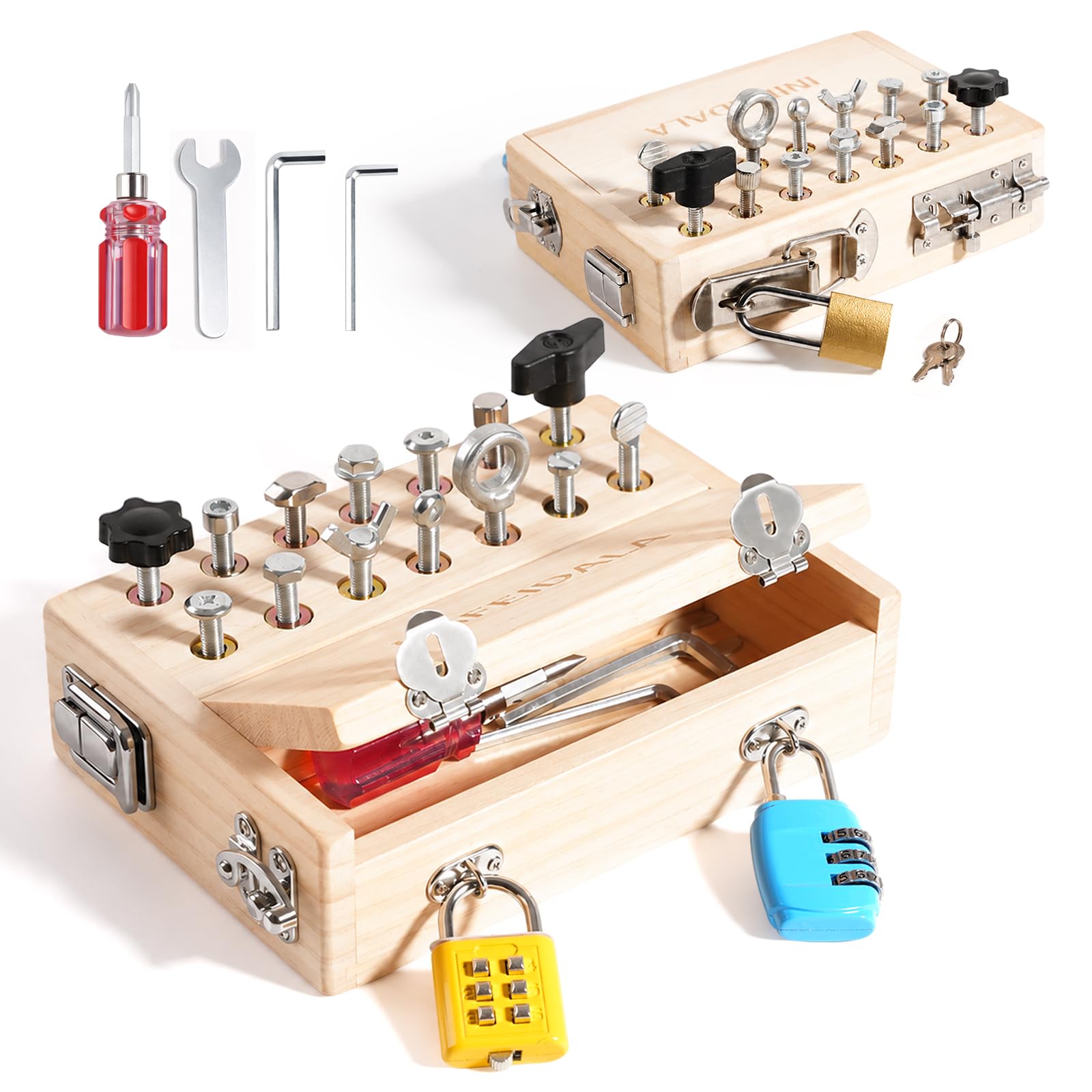 INIFEIDALA Montessori Busy Board for Toddlers 3-5,Wooden Sensory Toy with Locks,Latches & Screwdriver Set, Fine Motor Skills Learning Toy for Travel,Quiet Play & Preschool Activities
