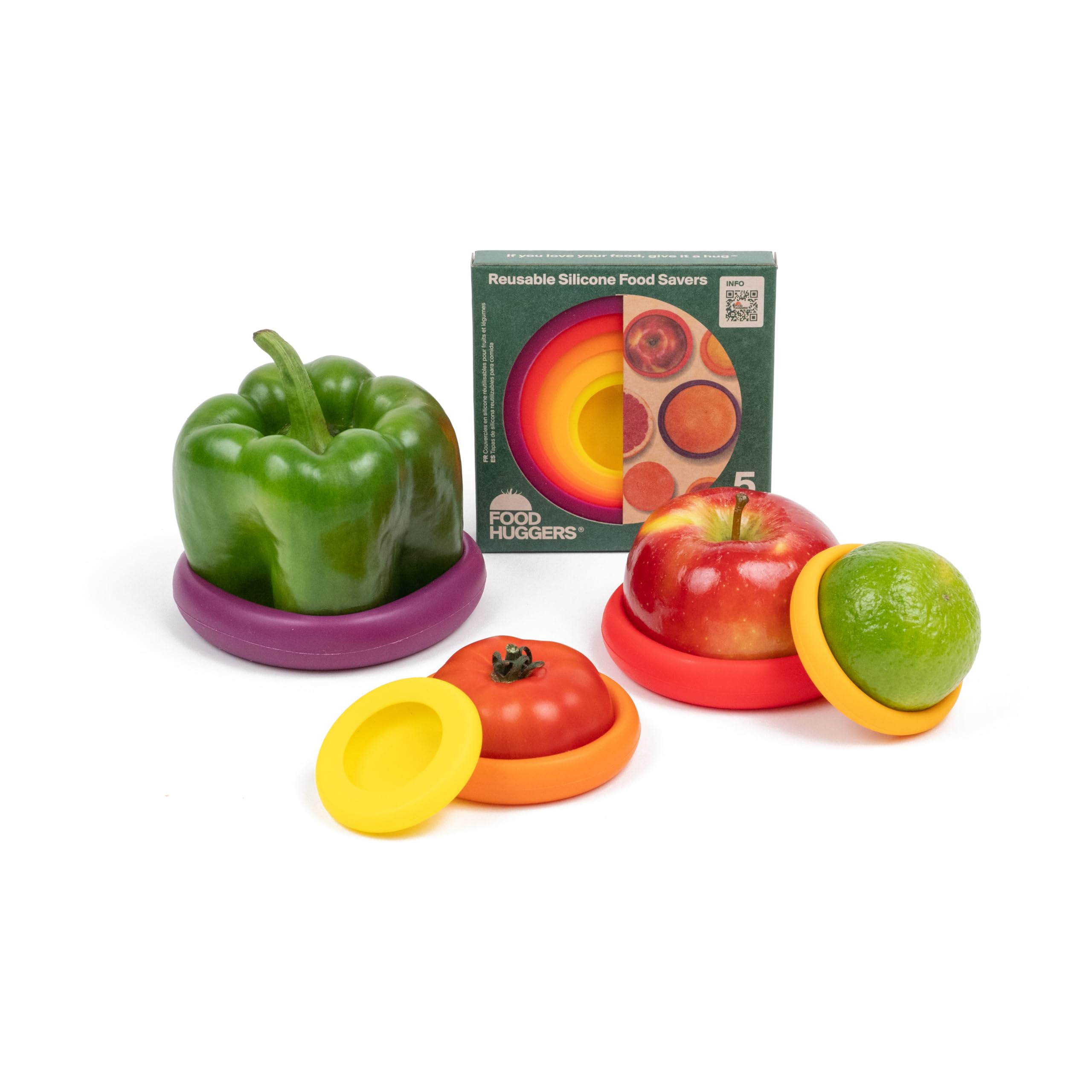 Food Huggers 5pc Reusable Silicone Food Savers | BPA Free | Plastic Free Food Storage | Dishwasher Safe | Fruit & Vegetable Storage for Onion, Tomato, Lemon, Banana & Cans | Round, Autumn Harvest