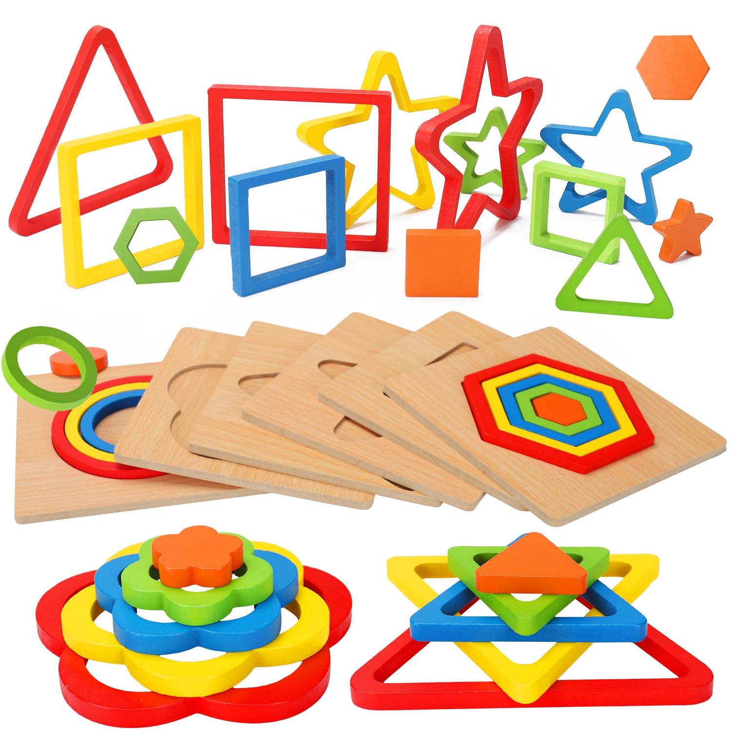 AugToy Toddler Puzzles Montessori Toy Wooden Shape Sorting Puzzle Sensory Toy Toddler Activities Preschool Learning Educational Autistic Developmental 1 2 3 Year Old Girl Boy 1-3 Dementia Game Gift