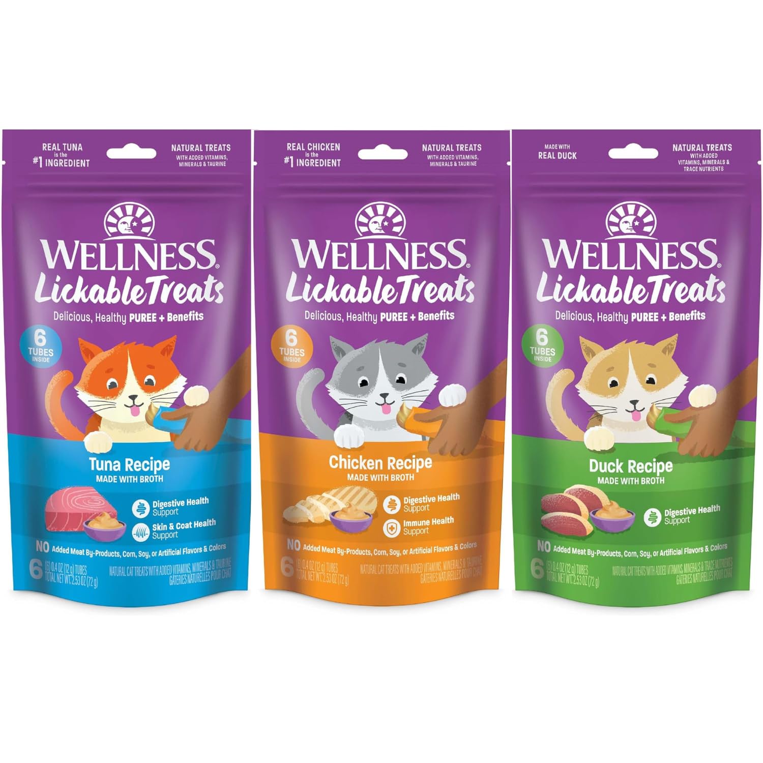 Wellness Lickable Treats Soft Puree Natural Grain Free Adult Cat Treats, Variety Pack, Contains 18-0.4 Ounce Squeezable Tubes (Chicken,Duck & Tuna)