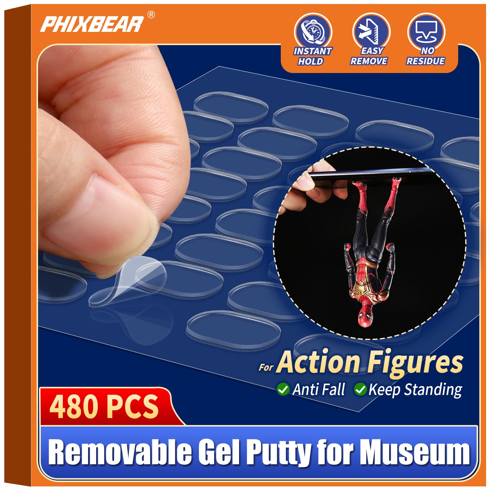 PHIXBEAR 480 Pcs Removable Gel Glue Putty for Museum Action Figures, Clear Earthquake Adhesive Dots, Sticky Tack Dots for Wall Hanging, 0.31x 0.51 Wax Mounting Putty