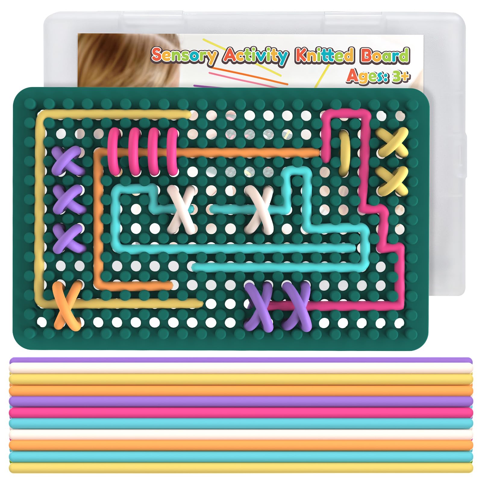 Sensory Fidget Toys for Kids Toddler, Sensory Activity Knitted Board for Stress Relief, Calming, Focus, ADHD and Autism, Silicone Travel Airplane Essentials Toys for Kids 3+ & Adults with 20 Strings