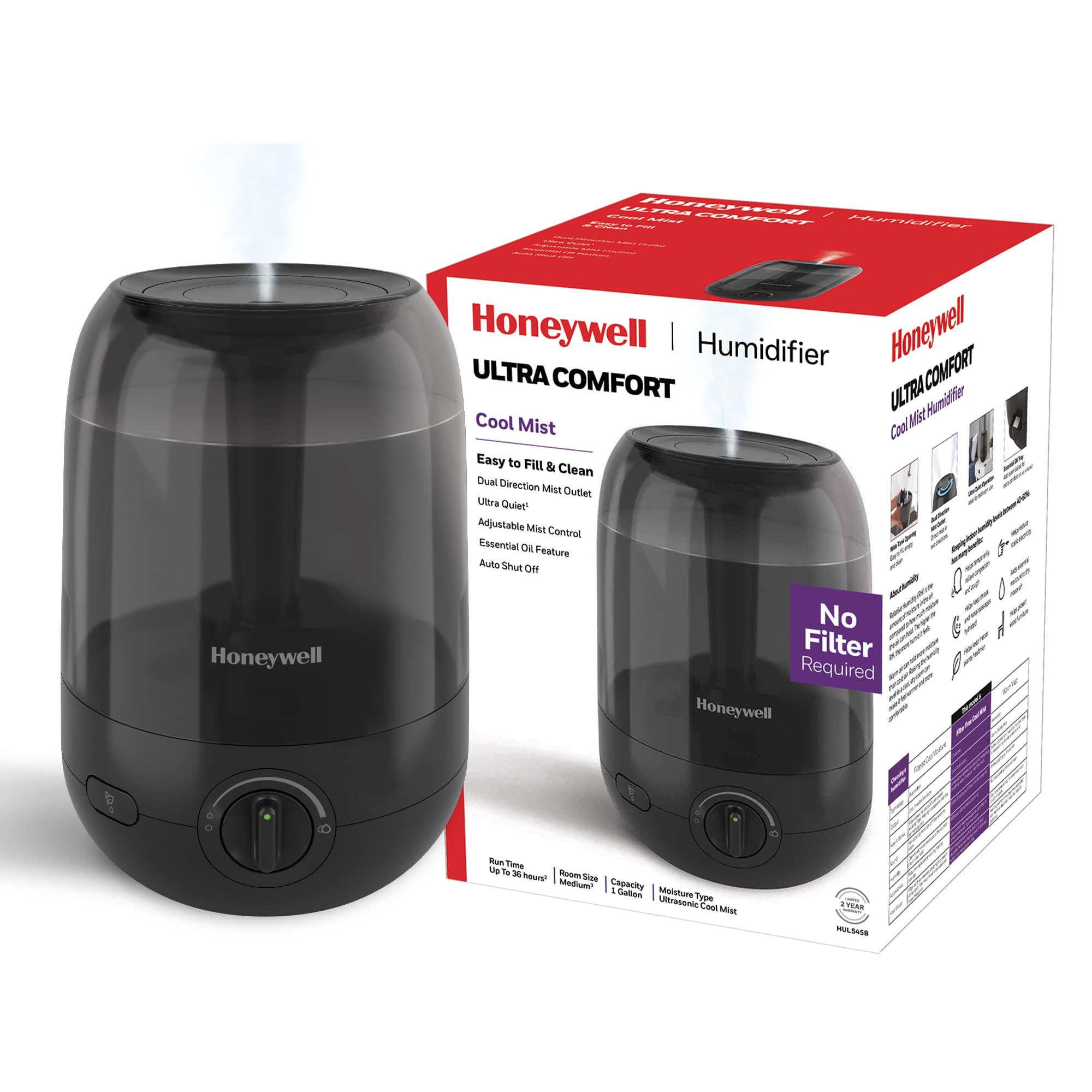 Honeywell Ultra Comfort Cool Mist Humidifier, No Filter, Easy to Fill and Clean, Cleaning Brush Included, Ultra Quiet, Use Air Humidifier with Essential Oils for Extra Comfort, Black, HUL545B
