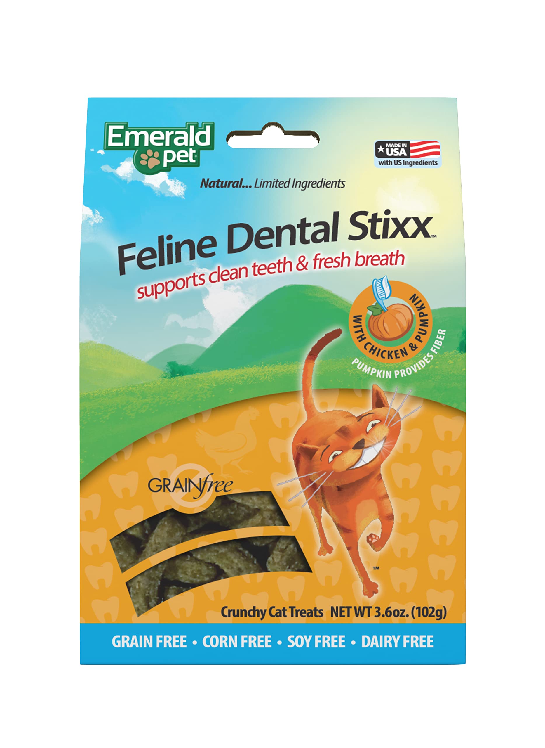 Emerald Pet Grain-Free Chicken Cat Dental Treats – Crunchy Dental Sticks for Cats to Clean Teeth, Reduce Plaque & Tartar, Freshen Breath – Pumpkin for Digestive Health, Natural Cat Chews, 3.6 oz
