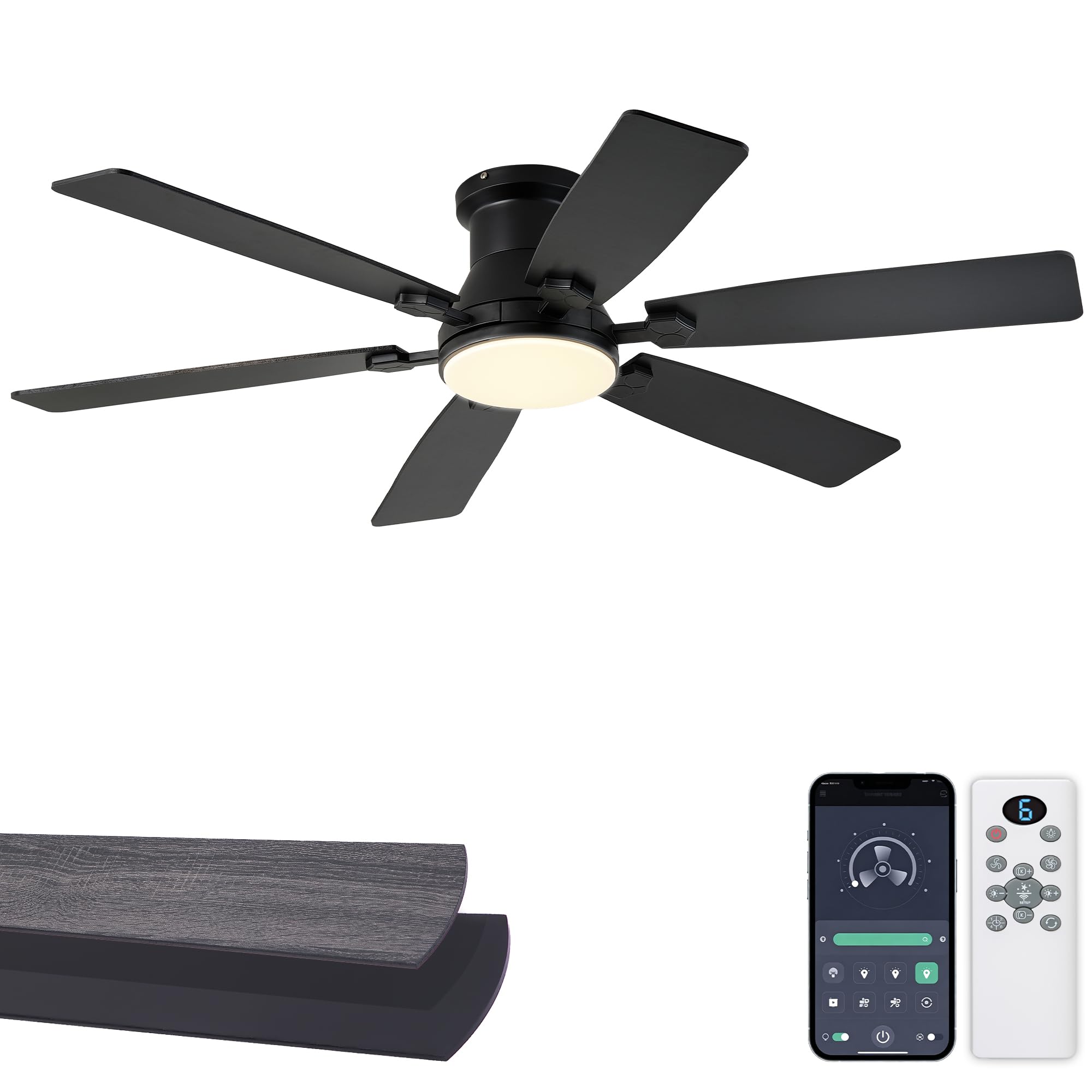 52 inch Low Profile Ceiling Fan with Light and Remote/APP Control, LED Dimmable, 3CCT, DC Reversible Motor, Modern, 6 Speeds, Black Flush Mount Ceiling Fans for Bedroom Living Room/Outdoor Use