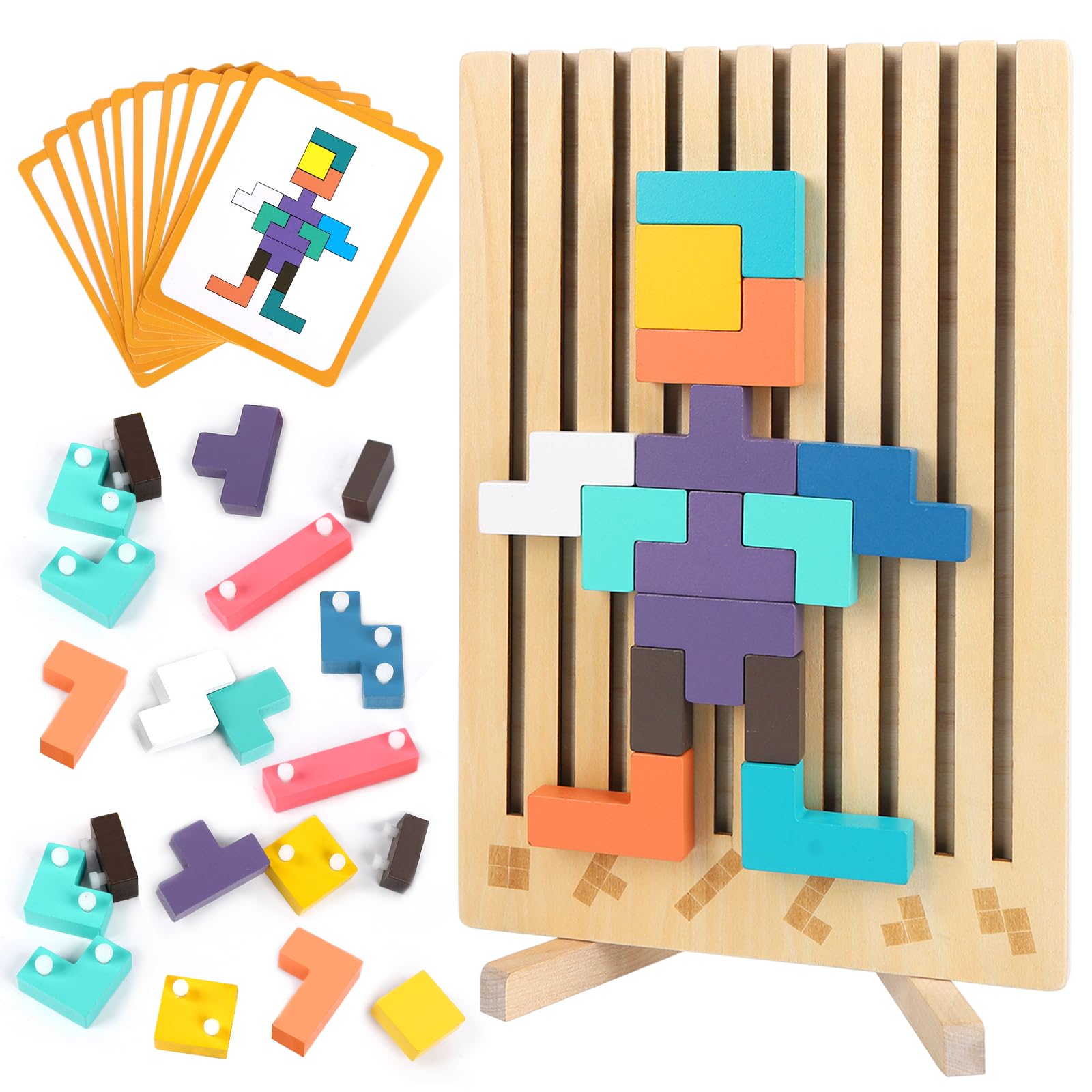 Wooden Stacking Puzzle Board, Montessori Brain Blocks for Kids 3-6 Years, Colored 3D Russian Block Game, Educational Teaser Jigsaw Toy for Boys & Girls, Fine Motor Skill for Age 3 4 5 6 7 8