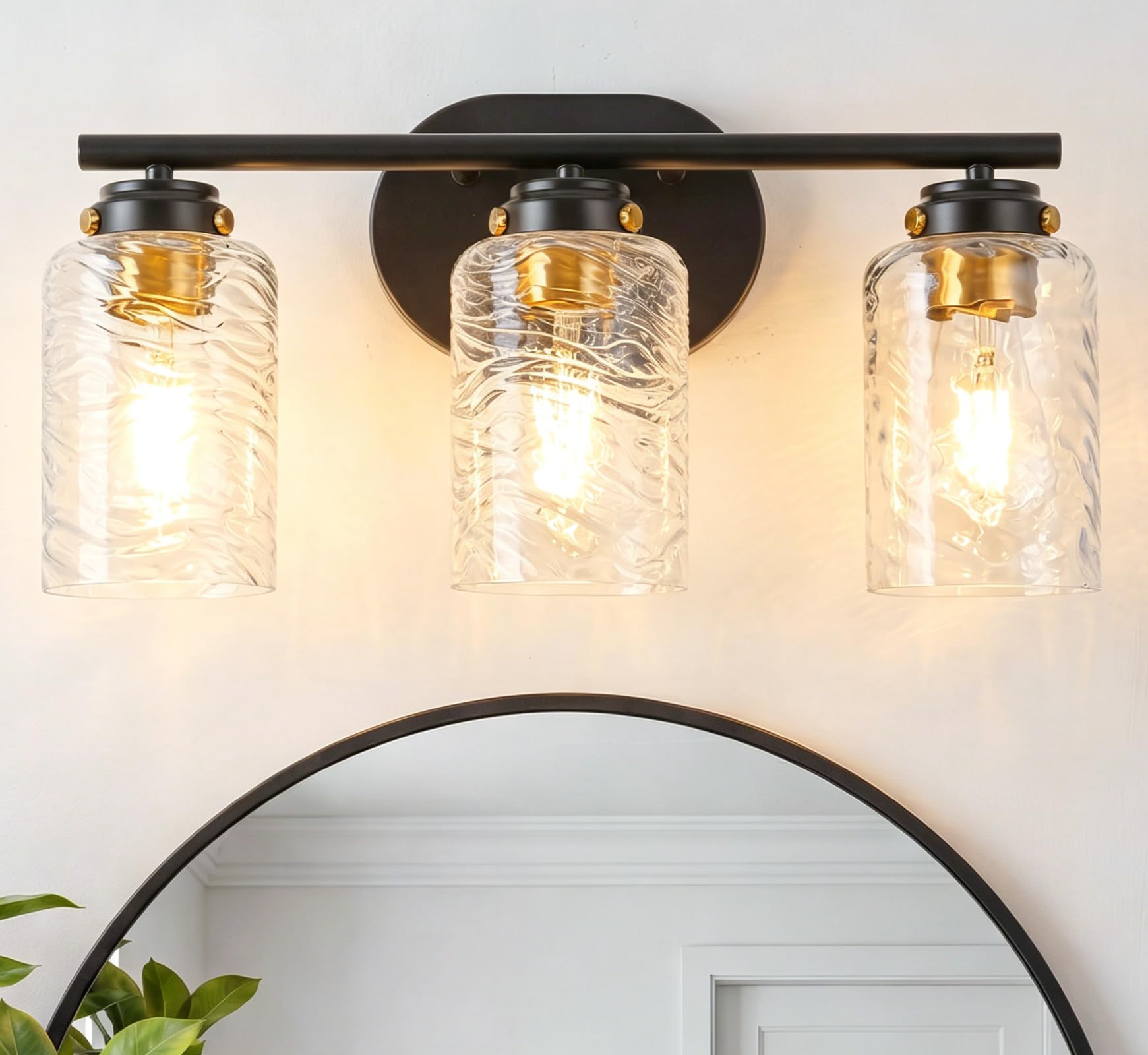 3-Light Bathroom Vanity Light Fixtures, 18 Inch Black Modern Vanity Lights with Thick Water Ripple Clear Glass Shade, Bathroom Wall Lamp for Mirror,Living Room, Hallway, Cabinet, Porch