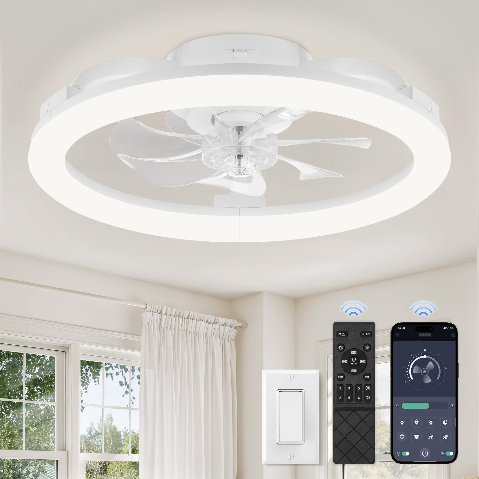 LEDIARY 20 Inch Low Profile Ceiling Fans with Lights and Remote, Dimmable Modern Fan Light(3000K-6000K), 6 Speed, Reversible, APP & Remote Control, Flush Mount Ceiling Fan for Bedroom, White