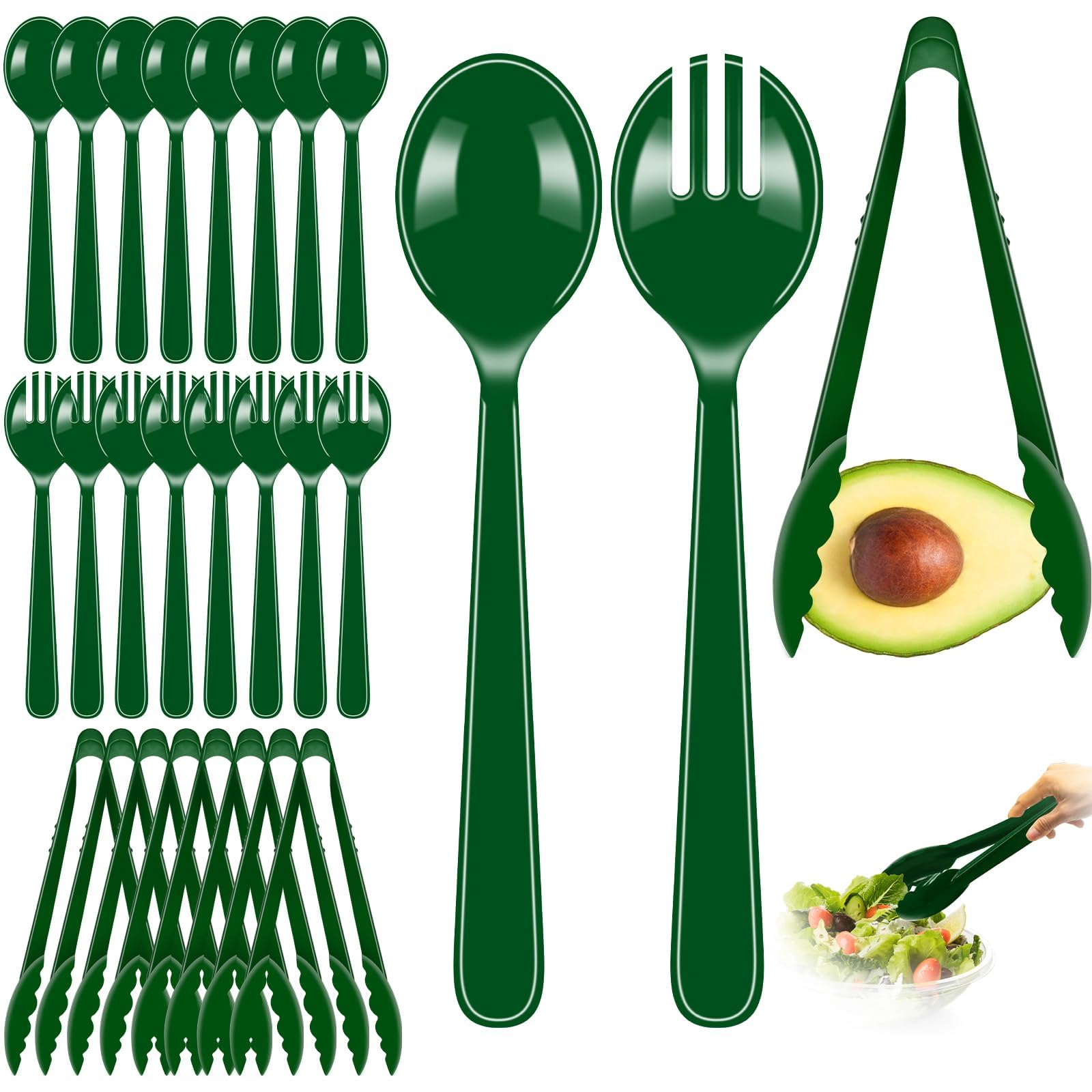 24 Pcs Green Plastic Serving Utensils Set - Heavy Duty Disposable Serving Spoons, Forks & Tongs (8 of Each) - Natural Catering Supplies for Salad Bars, Picnics, Garden Parties & Healthy Themed Events