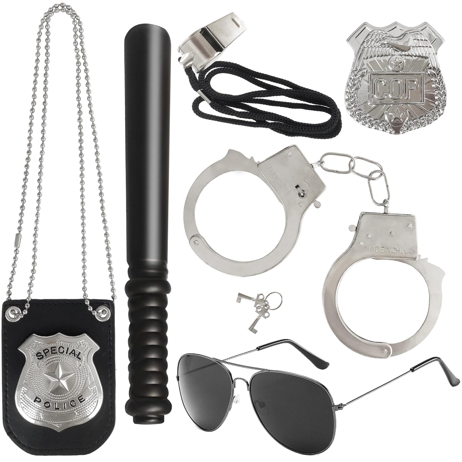 6Pcs Police Pretend Play Toys Set,Kids Detective Set Accessories,Police Officer Costumes with Sunglasses,Badges,Handcuffs,Police Baton,Whistle for Kids