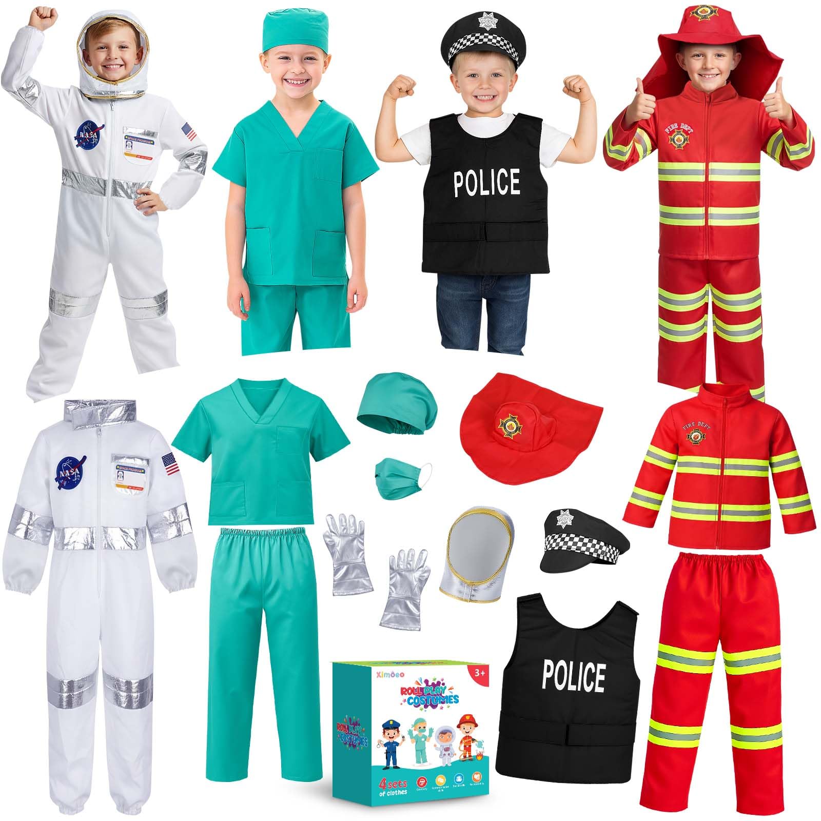 4 in 1 Toddler Dress Up Clothes 3-8 Year Career Dress Up Doctor Astronaut Police Vest Fireman Costume Kids Pretend Play Toys Christmas Birthday Gifts 3 4 5 6 7 year old Boy Toys Halloween Costumes