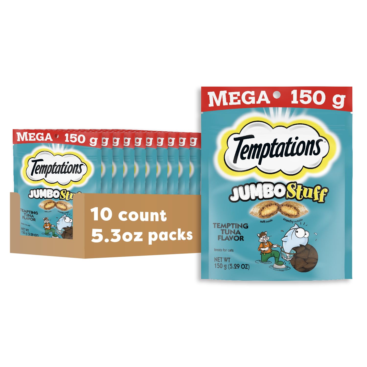 Temptations Jumbo Stuffed Cat Treats, Crunchy and Soft Cat Treats, Tempting Tuna Flavor, 5.3 oz. Pouch (Pack of 10)