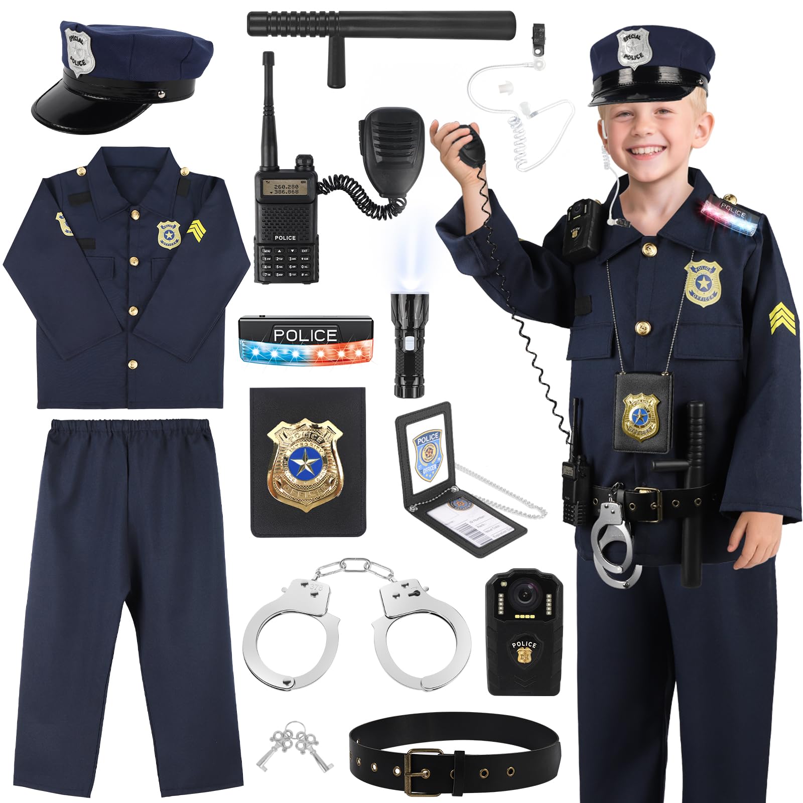 IVENRXIU Police Costume for Kids, Cop Pretend Play Toys for Dress Up, Role Play Set with Handcuffs, Flashlight, Police Badge for Kids Boys and Girls 3-8, Halloween Costumes, Birthday Christmas Gifts