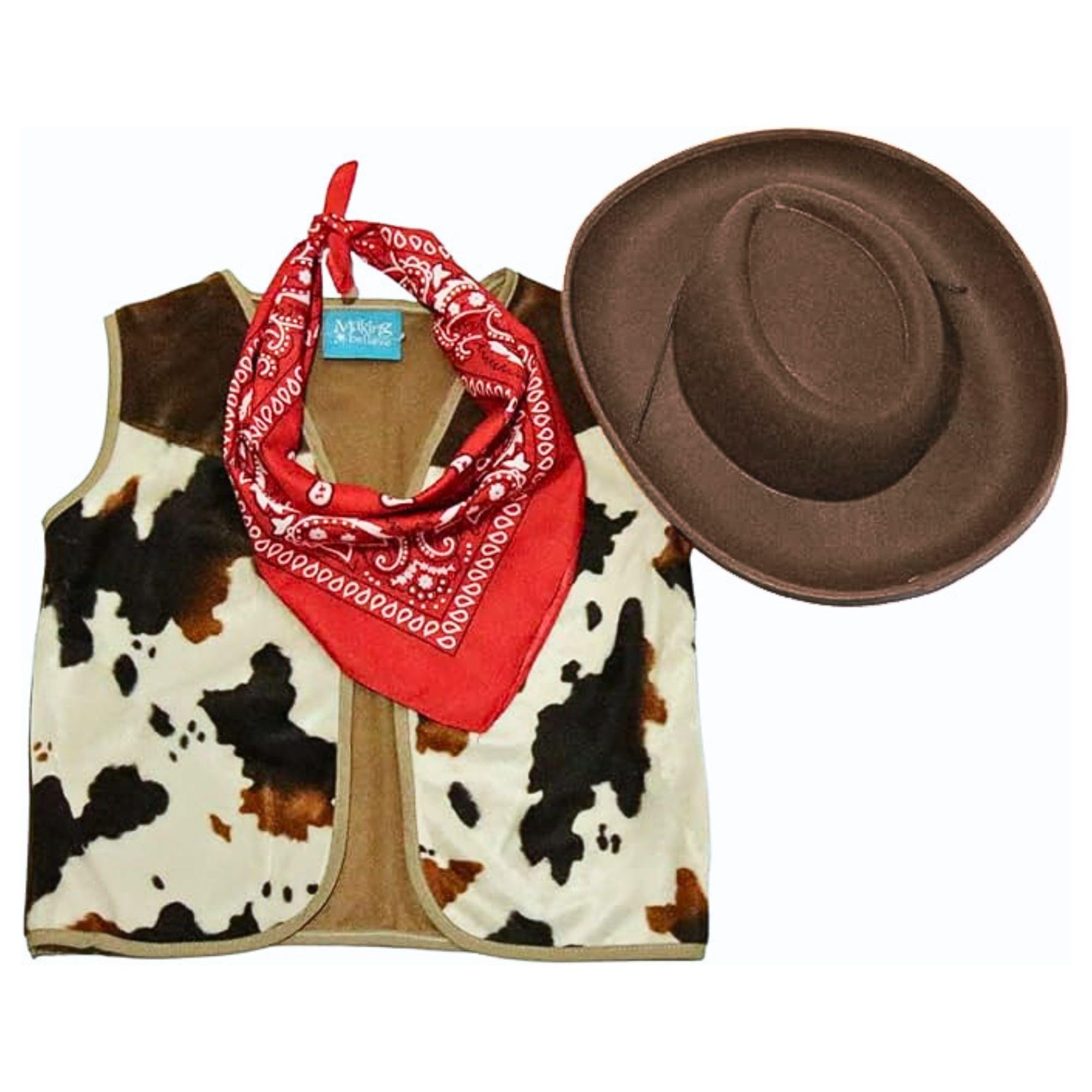 Making Believe Kids Western Rodeo Cowboy or Cowgirl Classic Costume Set - Vest, Brown Hat, Bandana (Choose Color and Size)